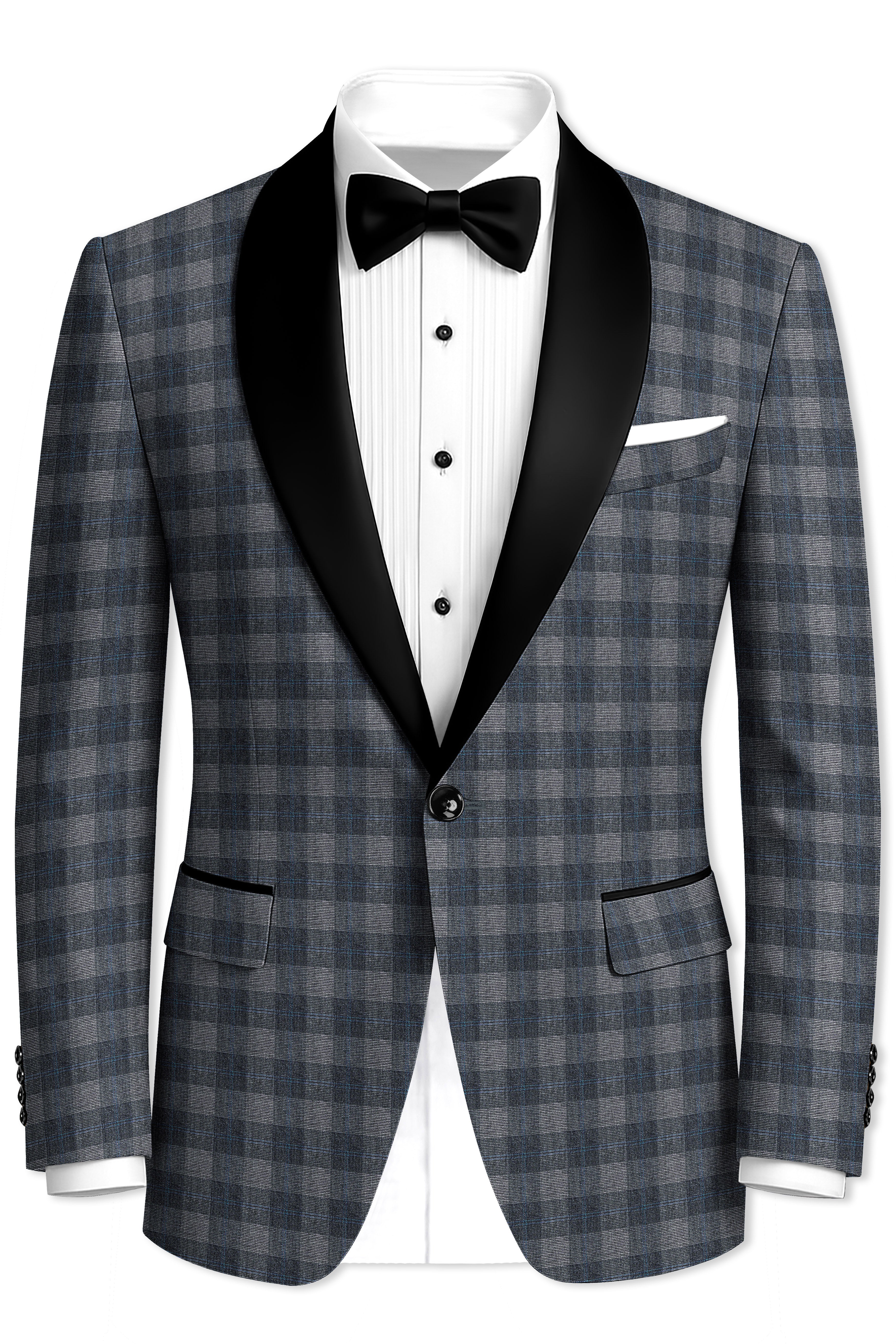 Nobel and Chicago Grey Plaid Wool Rich Tuxedo Blazer