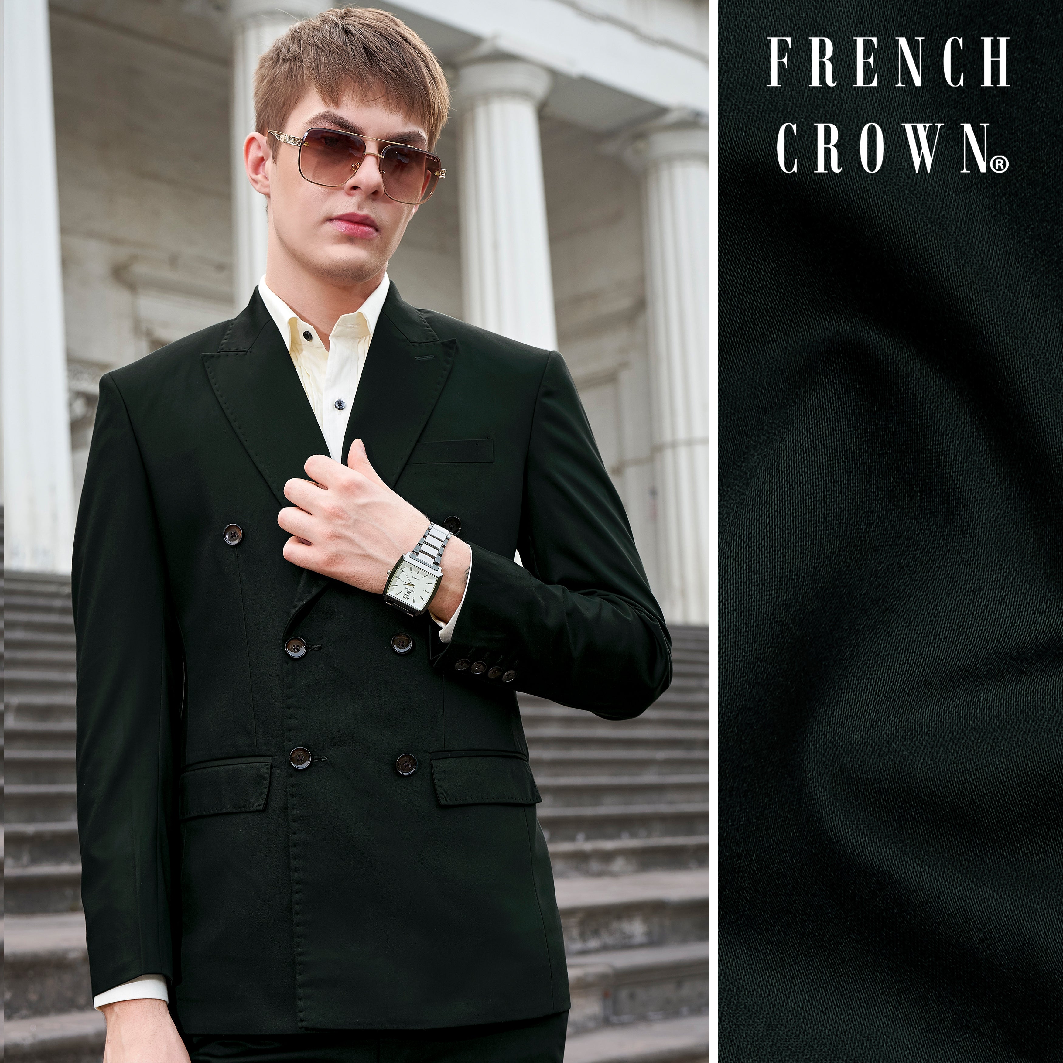 Juniper Green Textured Double breasted Premium Wool Blend Blazer For Men