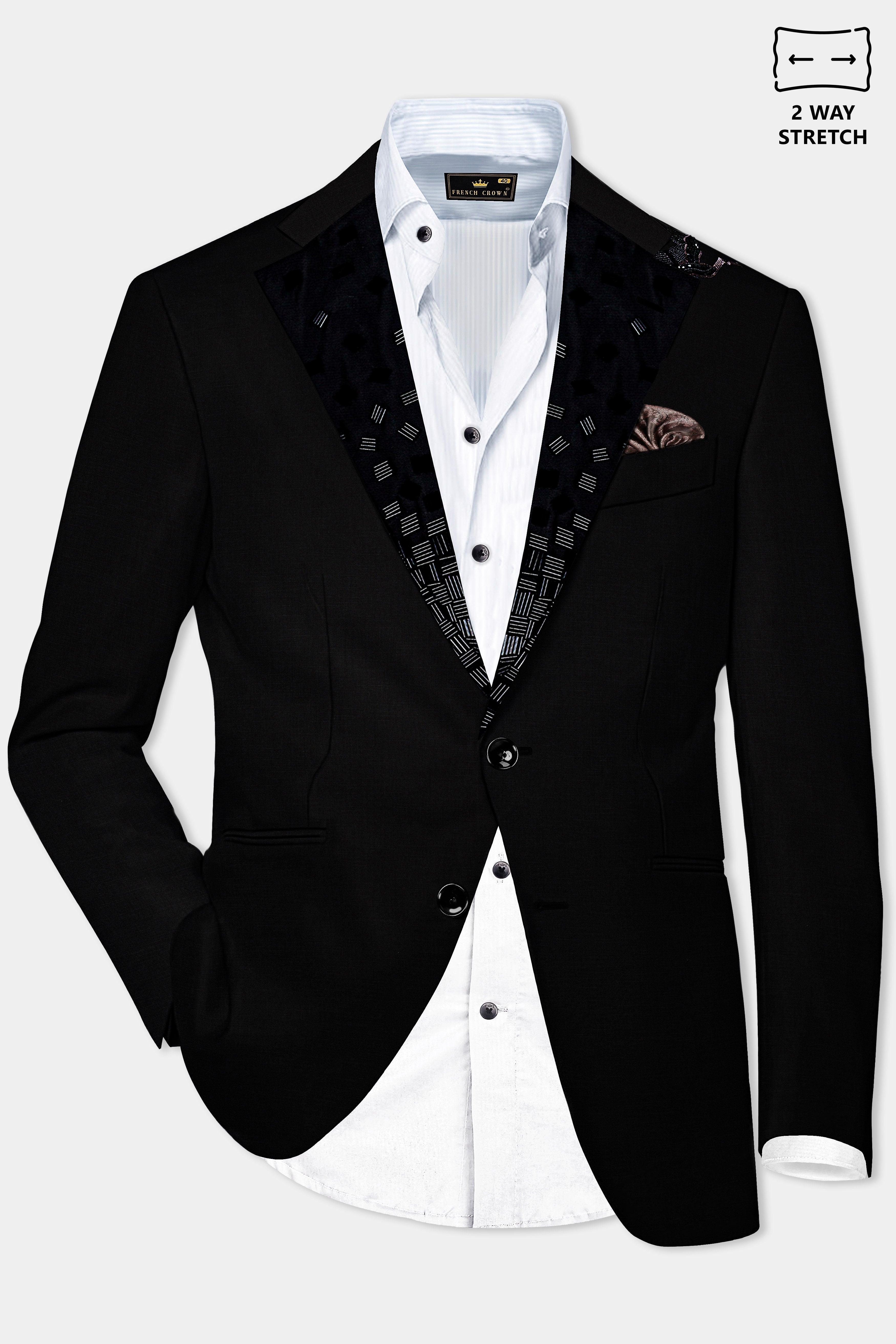 Jade Black Stretchable Subtle Sheen Swan Patterned Wool Rich Tuxedo Blazer