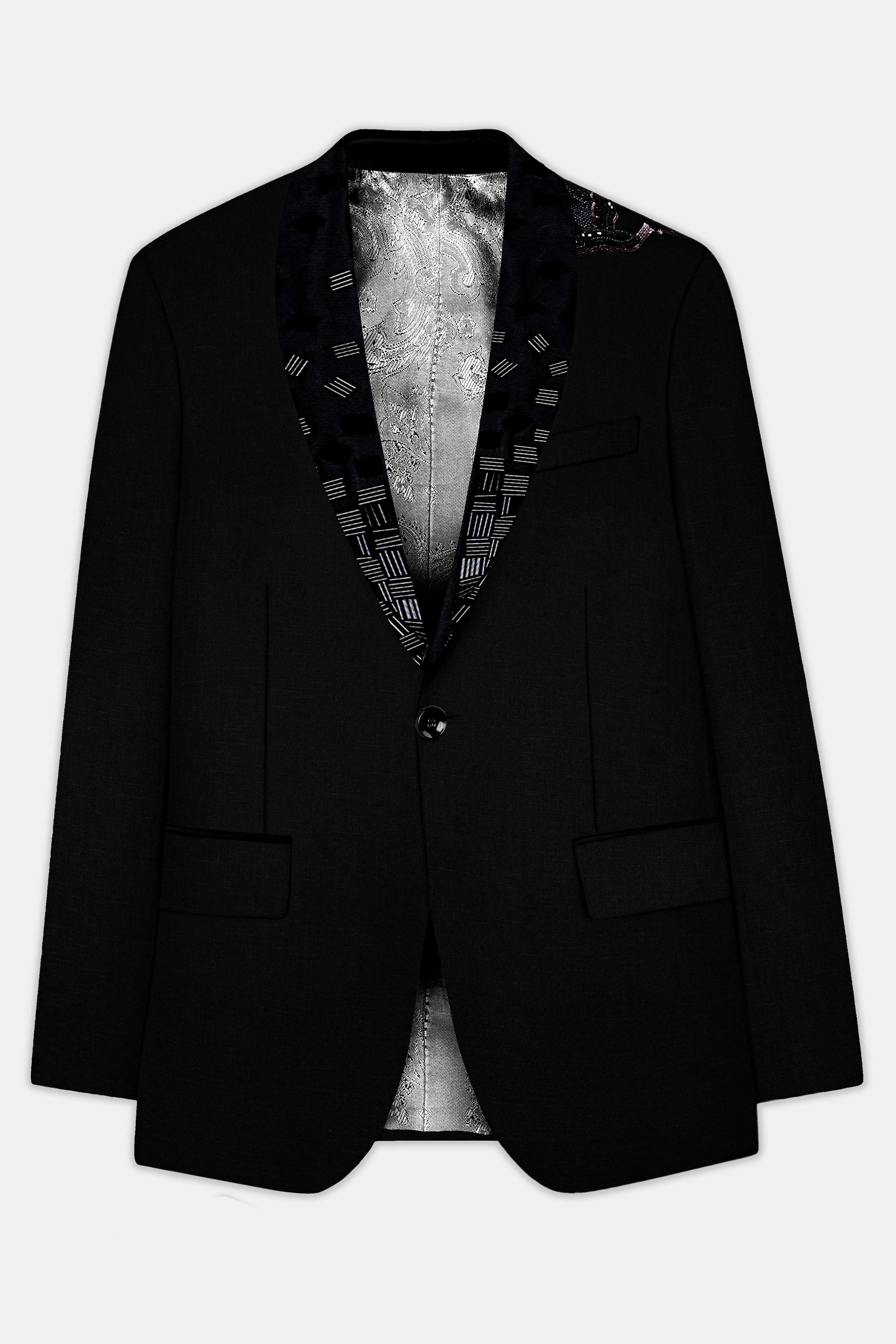 Jade Black Stretchable Subtle Sheen Swan Patterned Wool Rich Tuxedo Blazer