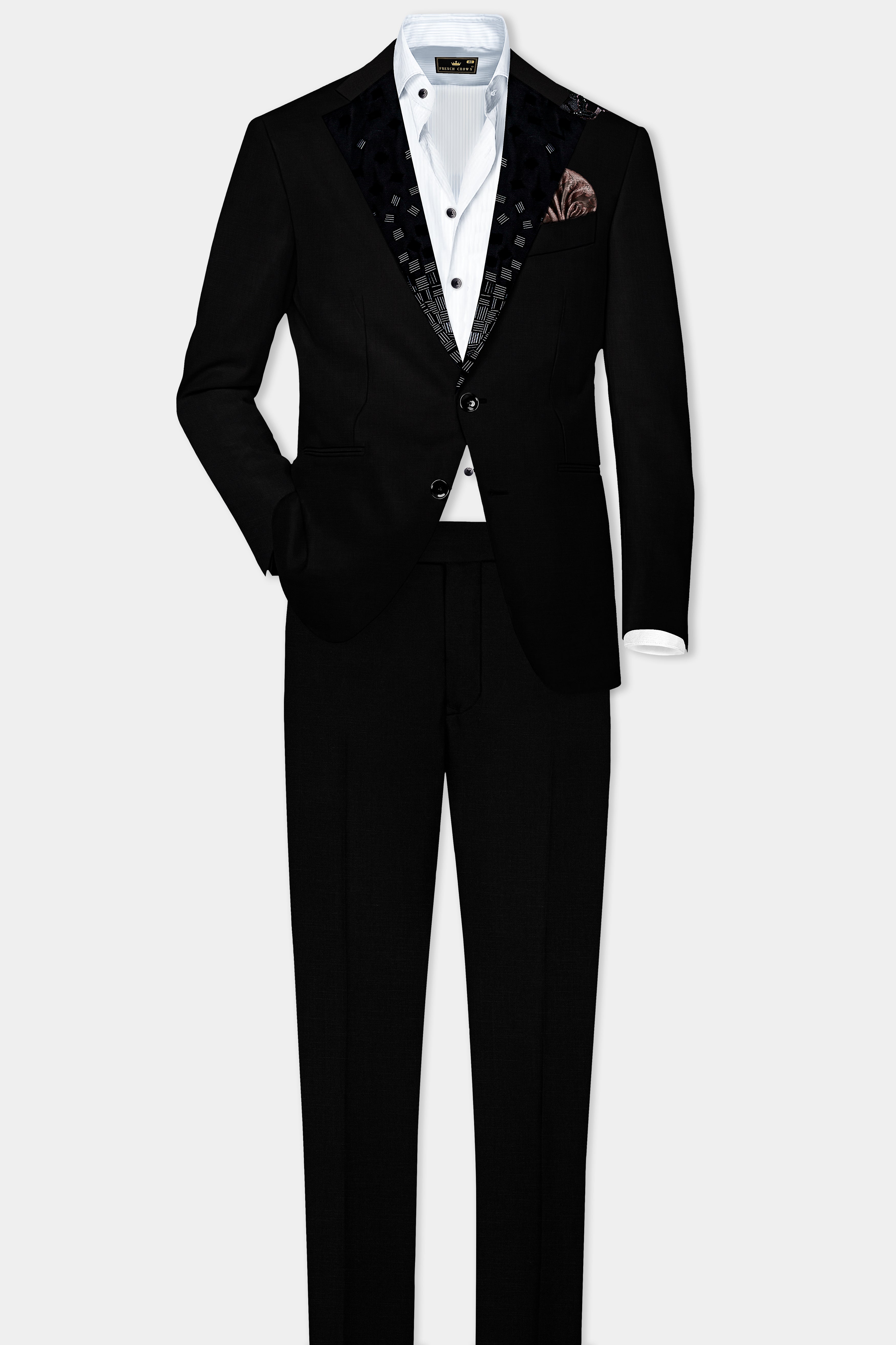 Jade Black Stretchable Subtle Sheen Swan Patterned Wool Rich Tuxedo Blazer