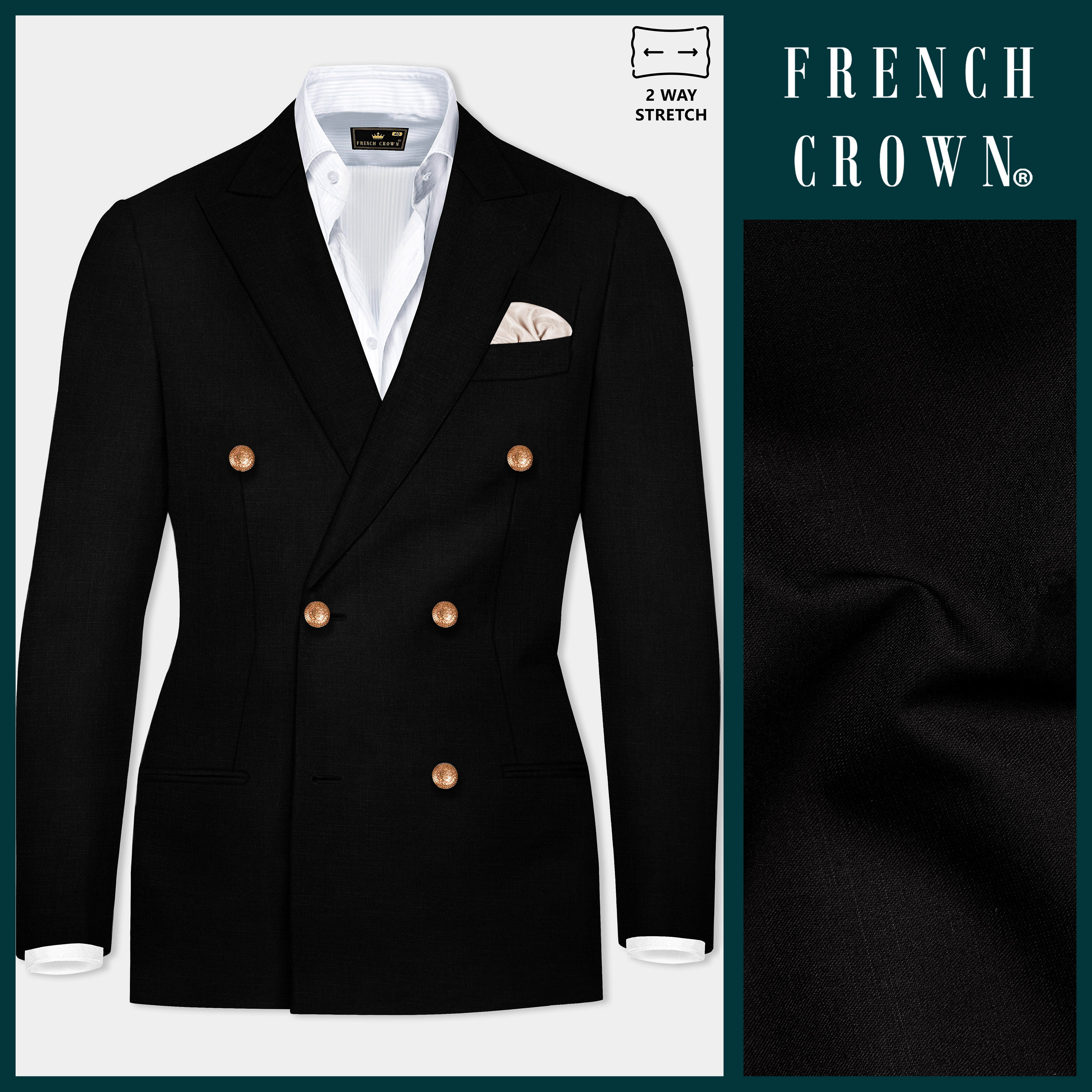 Jade Black Plain-Solid Double Breasted Premium Wool-Blend Blazers