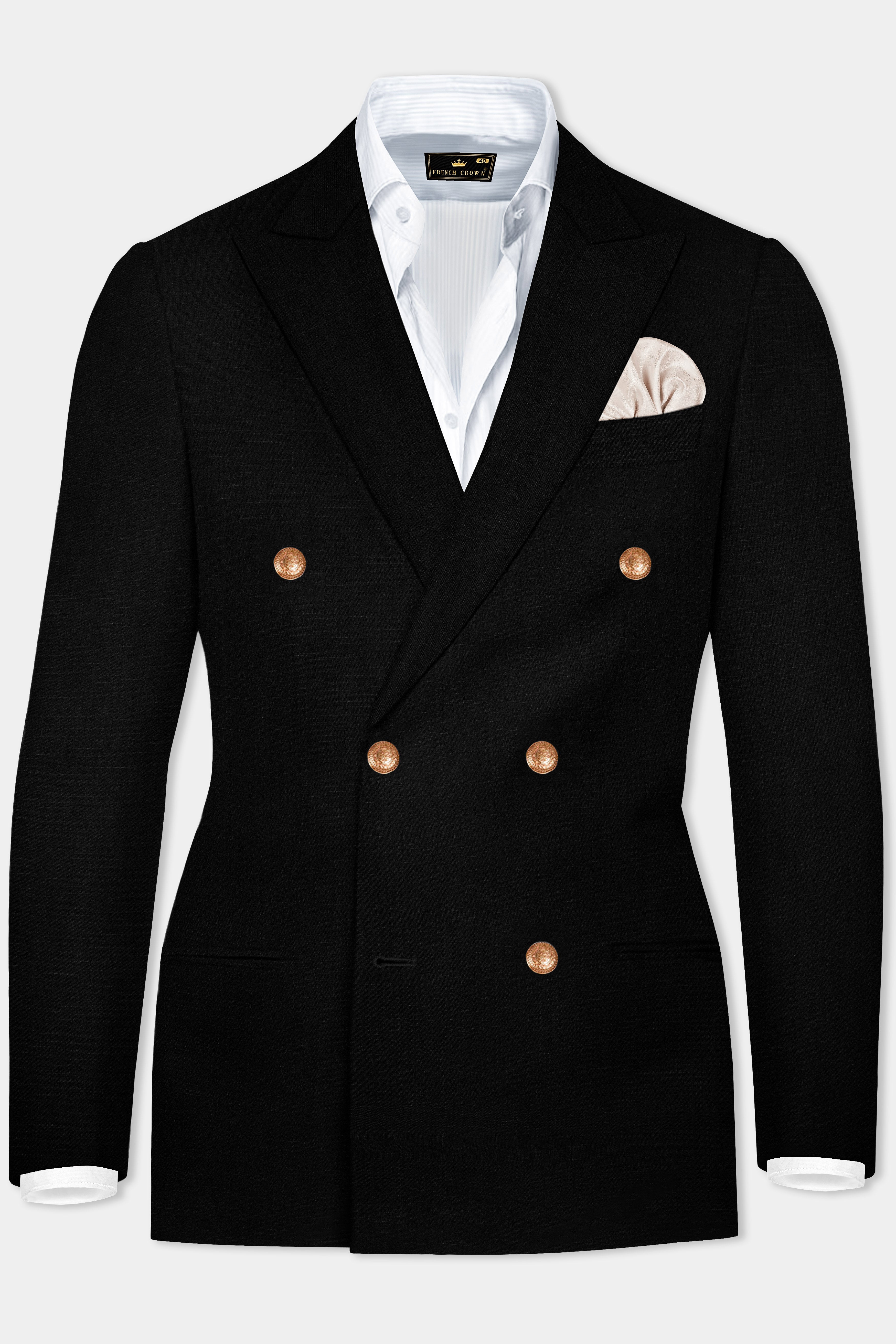 Jade Black Stretchable Subtle Sheen Golden Buttons Double-Breasted Wool Rich Blazer