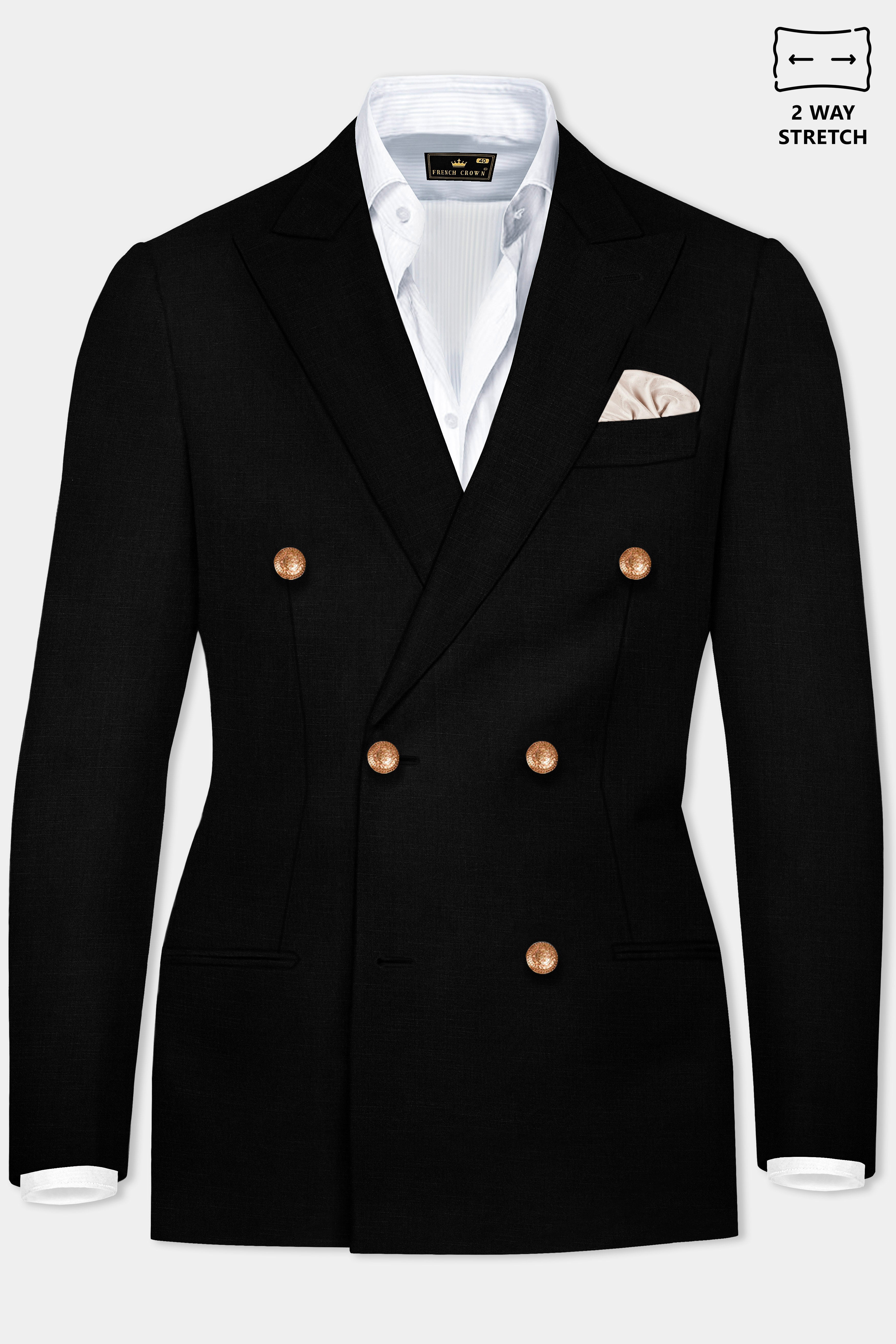 Jade Black Plain-Solid Double Breasted Premium Wool-Blend Blazers