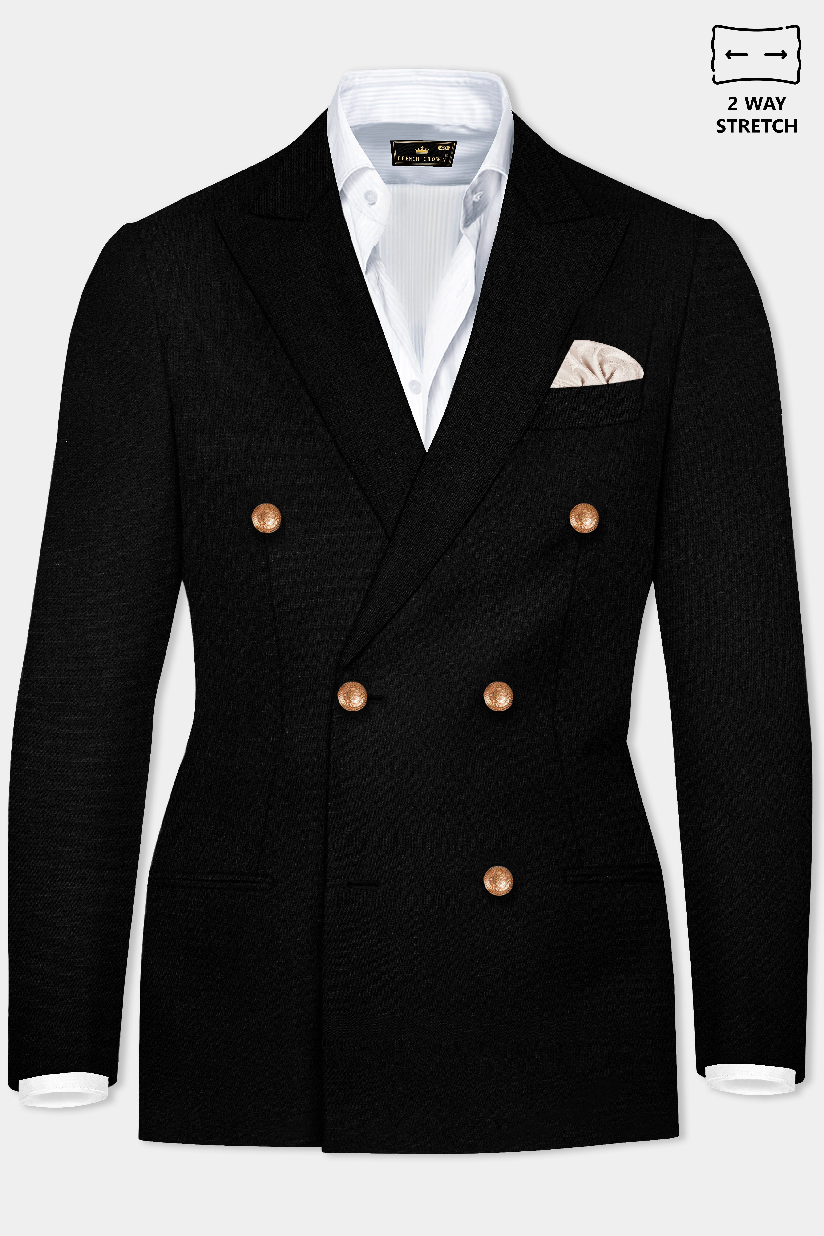 Jade Black Stretchable Subtle Sheen Golden Buttons Double-Breasted Wool Rich Blazer