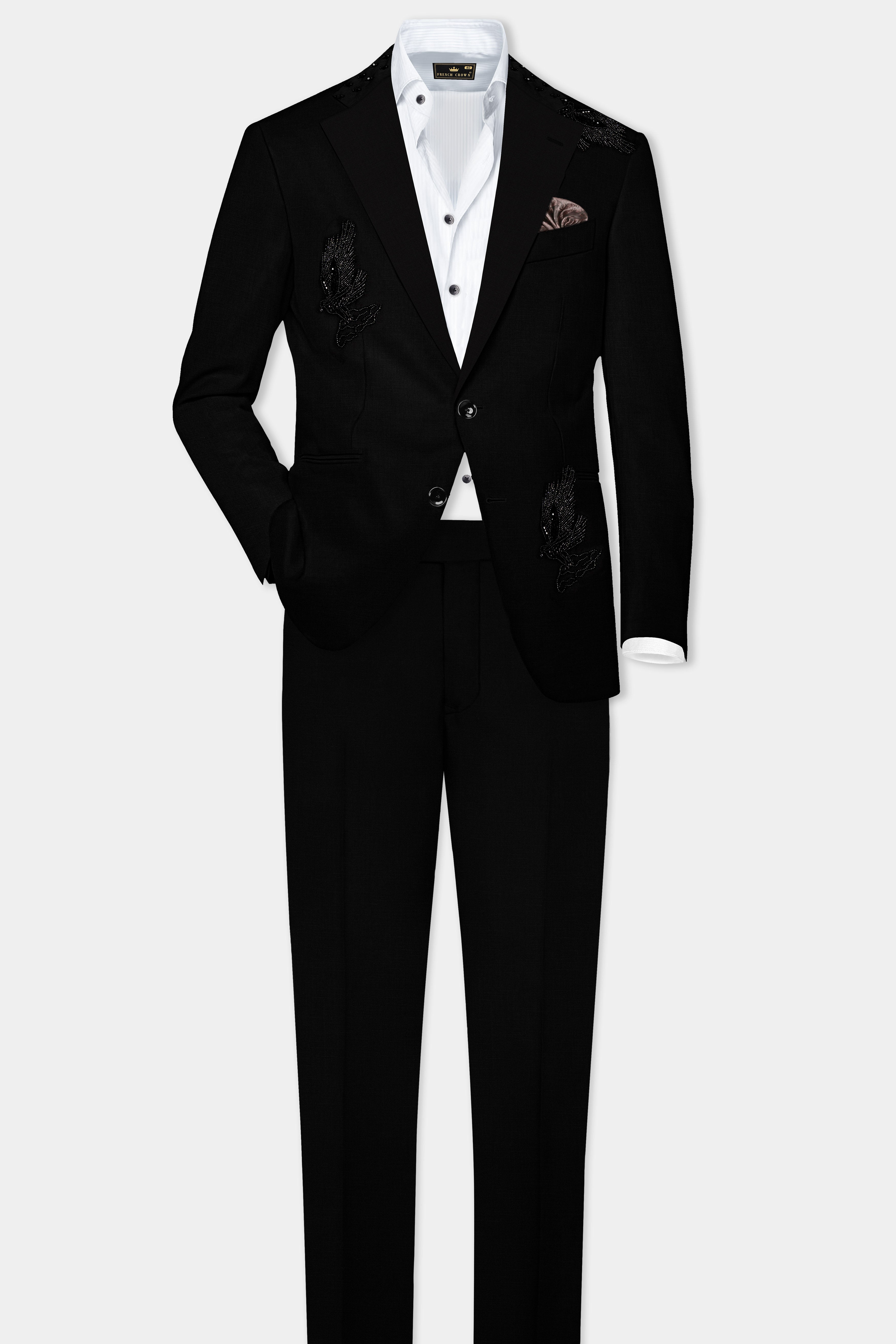 Jade Black Stretchable Subtle Sheen Pigeon Patterned Wool Rich Tuxedo Blazer