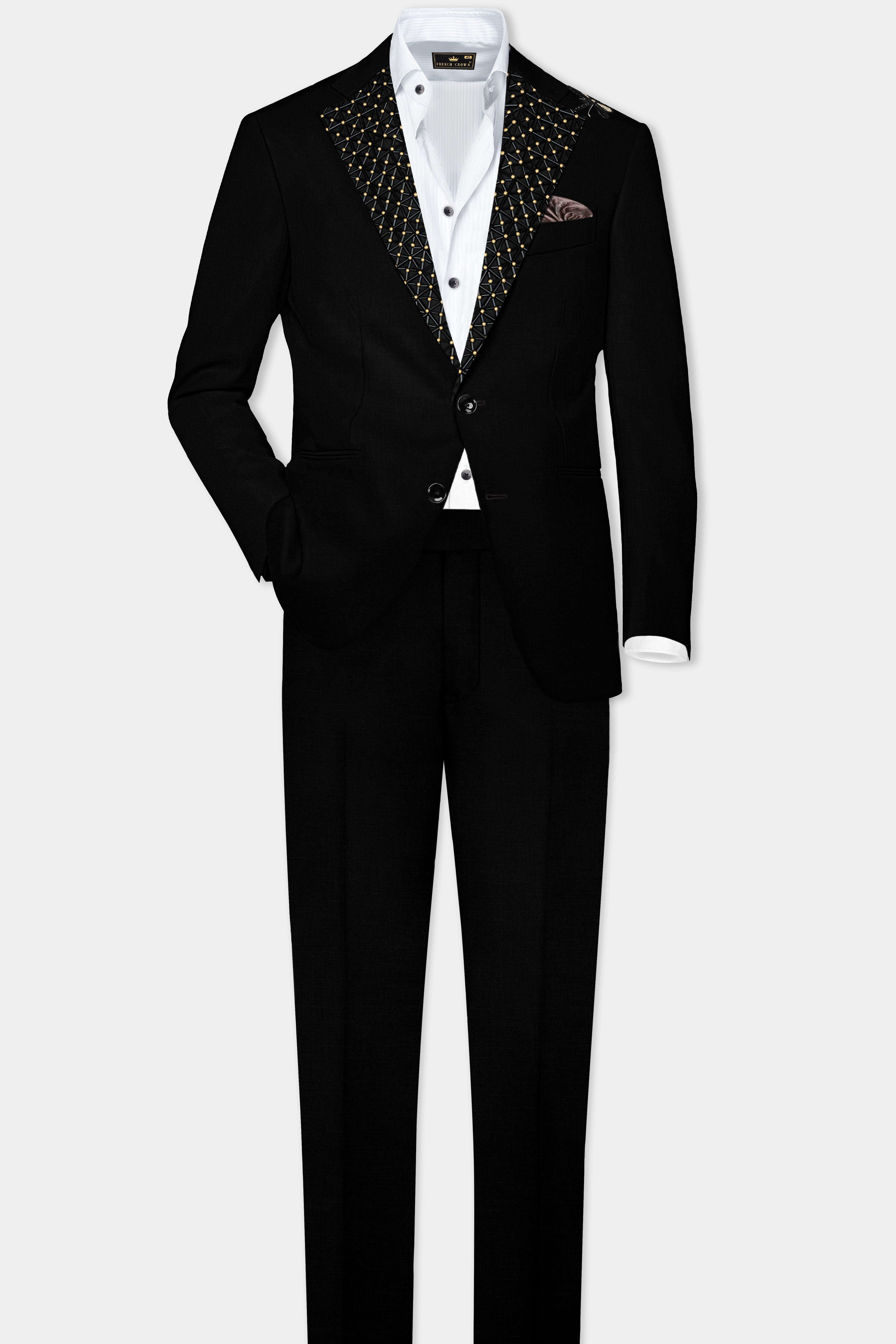 Jade Black Stretchable Subtle Sheen Moth Patterned Wool Rich Tuxedo Blazer