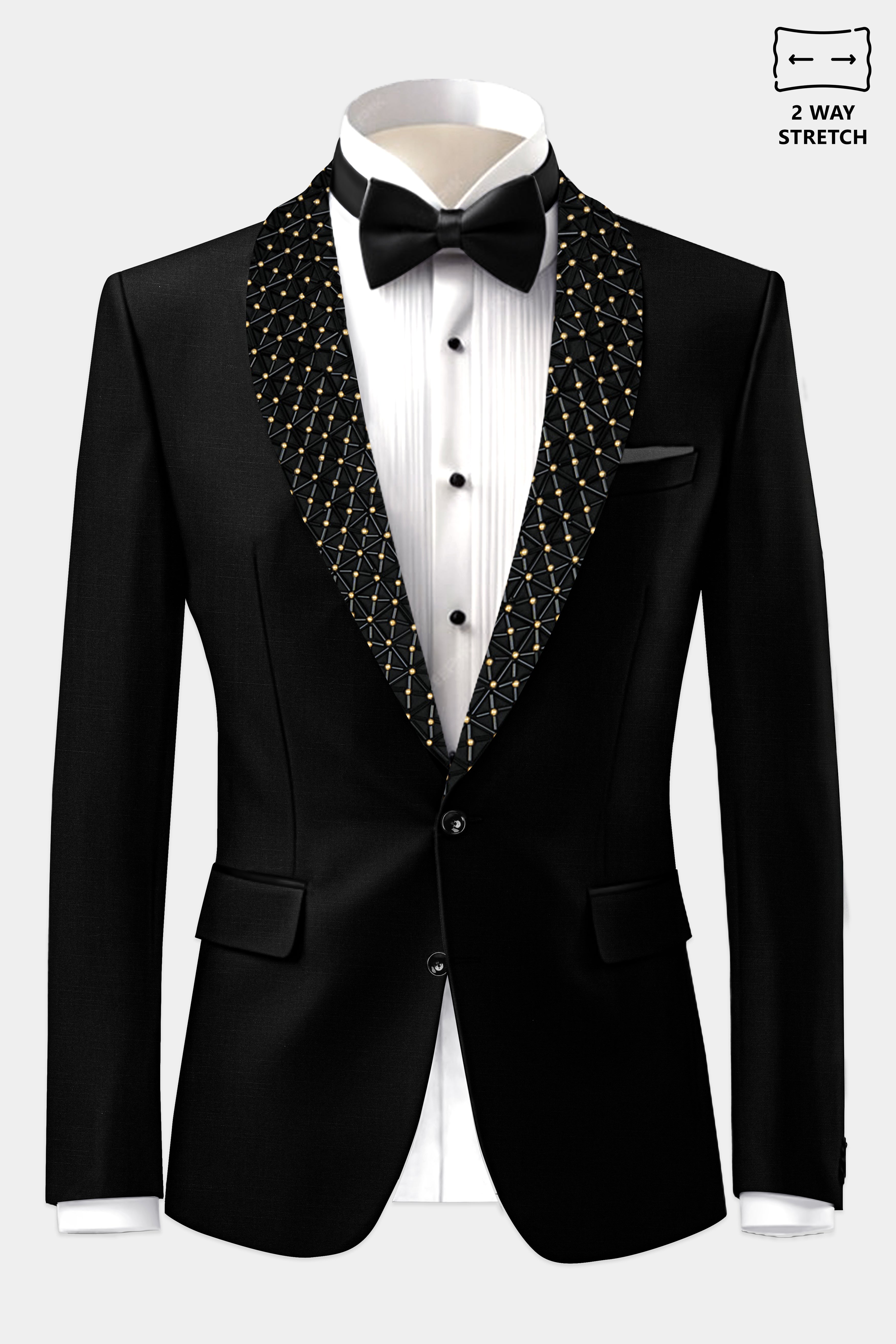 Jade Black Stretchable Subtle Sheen Moth Patterned Wool Rich Tuxedo Blazer