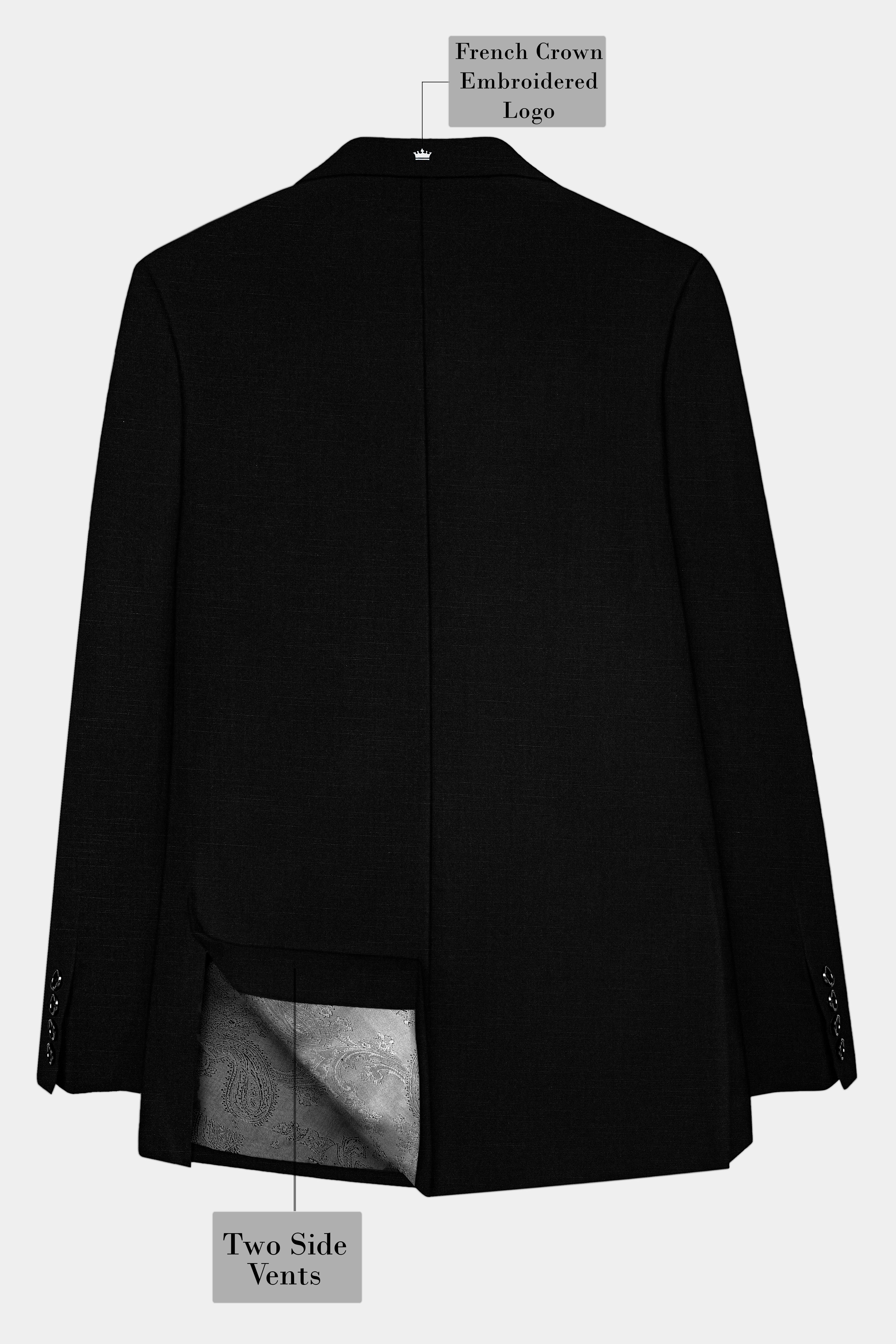 Jade Black Stretchable Subtle Sheen Moth Patterned Wool Rich Tuxedo Blazer