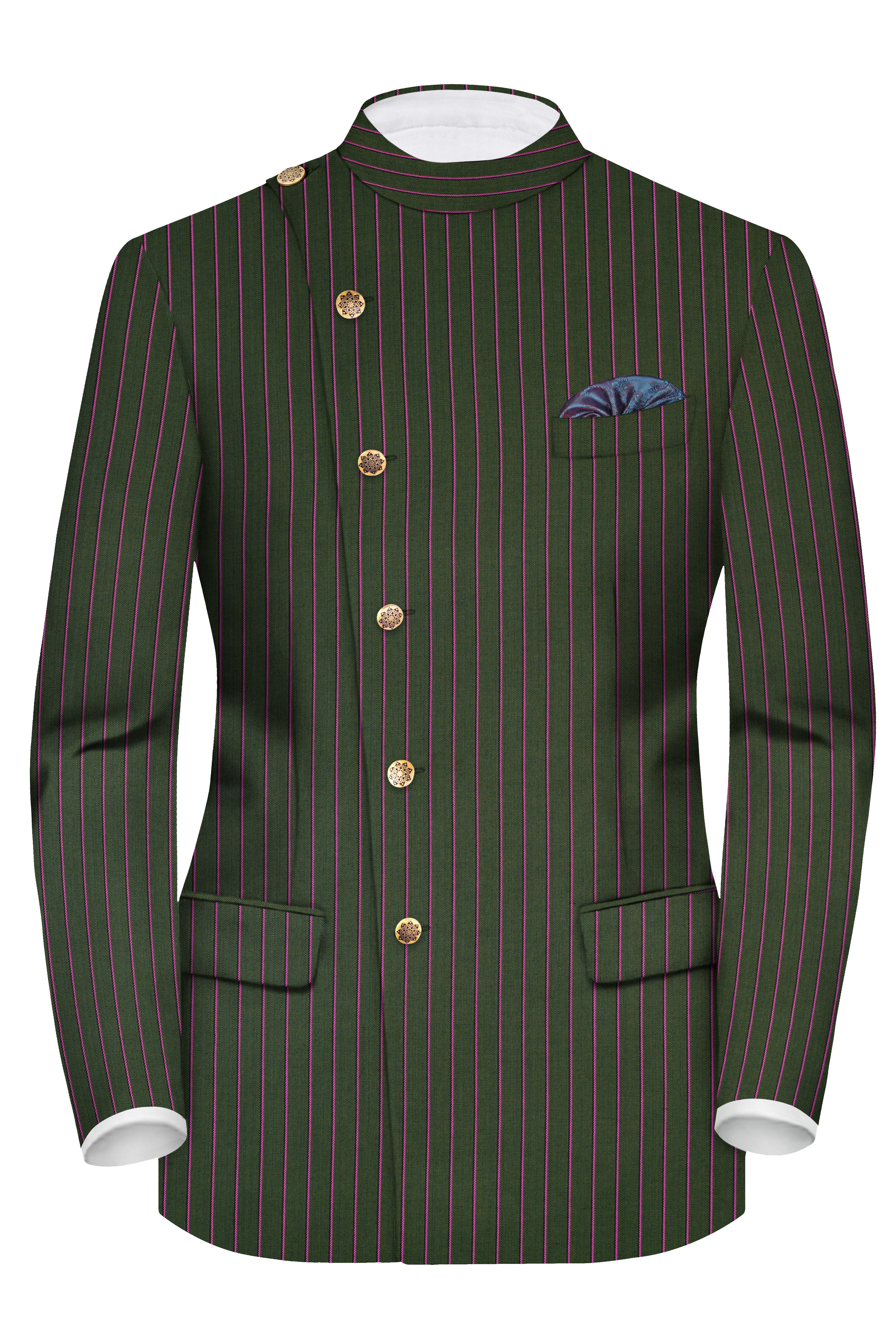 Kelp Green Woolrich Striped Cross Placket Bandhgala Blazer