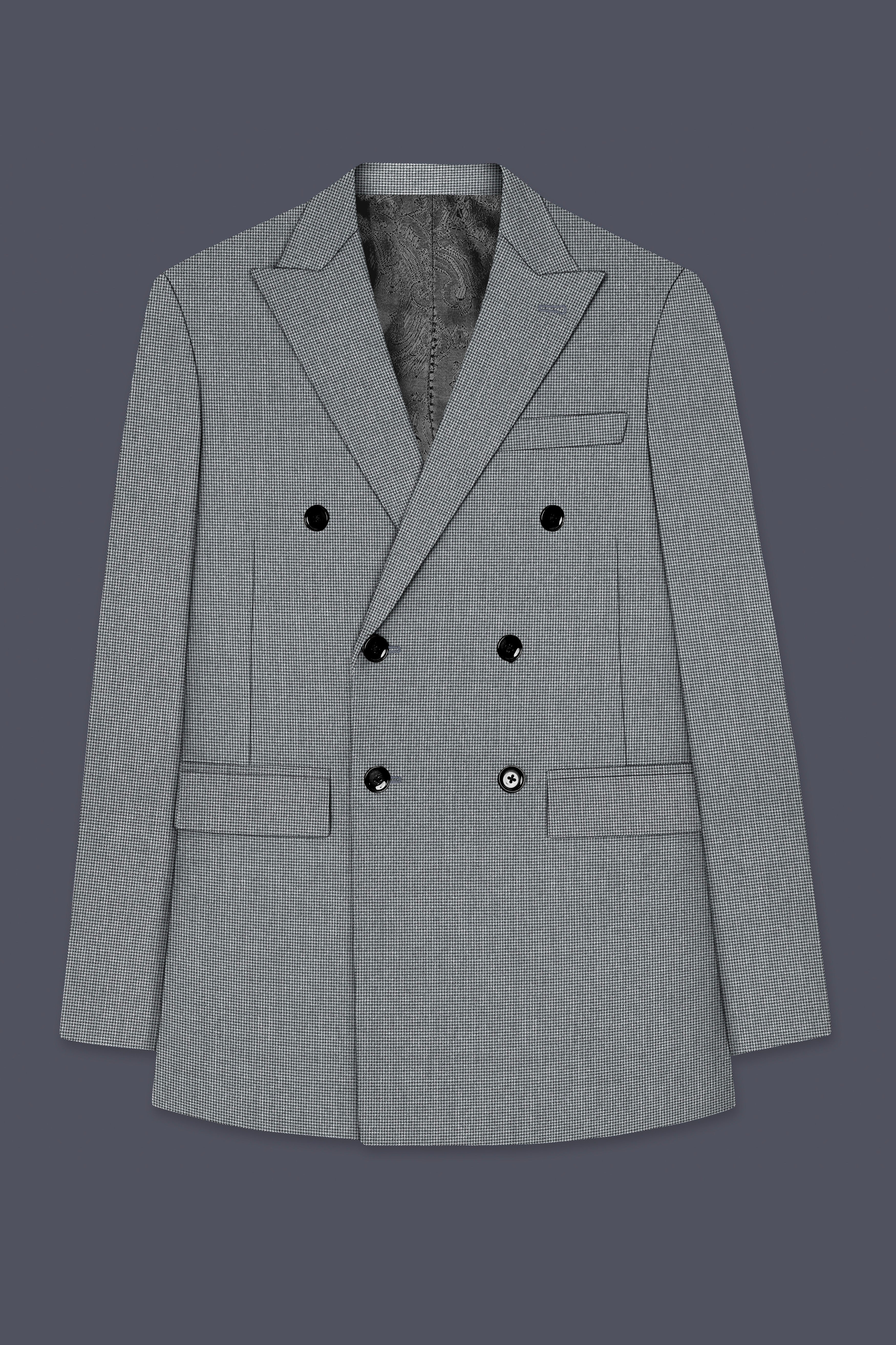 Mountain Mist Gray Houndstooth Wool Rich Double Breasted Blazer