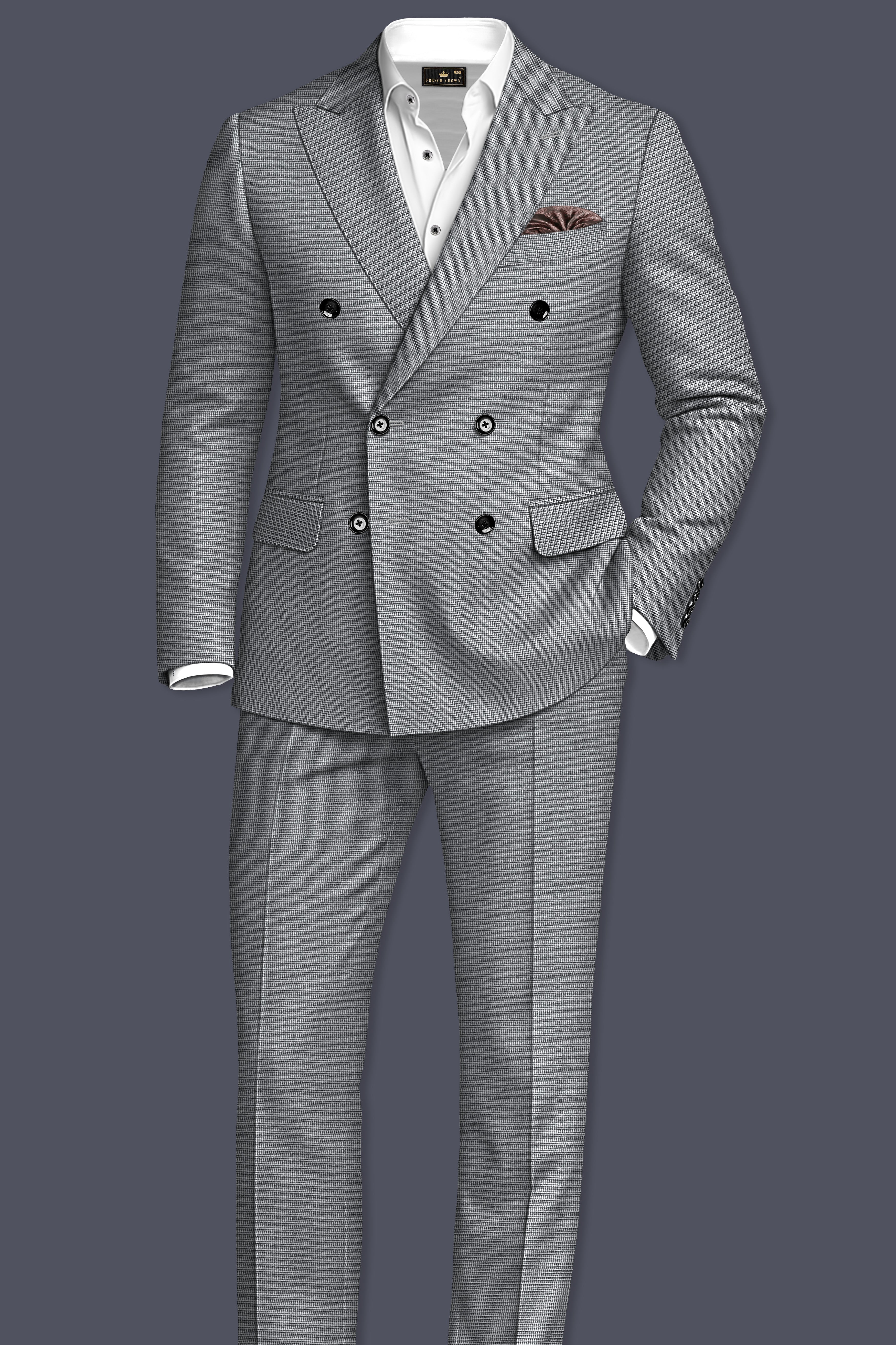 Mountain Mist Gray Houndstooth Wool Rich Double Breasted Blazer