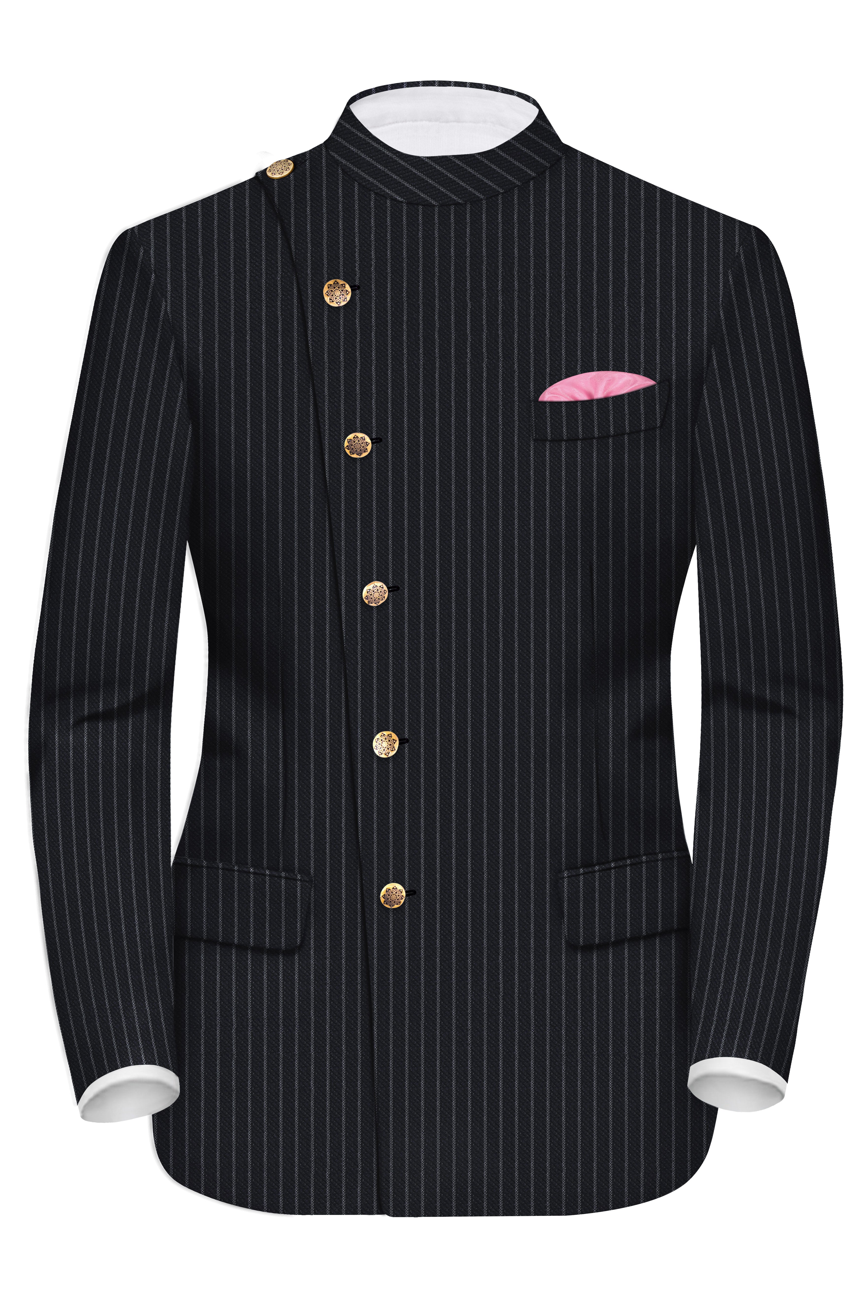 Piano Black Striped Cross Placket Woolrich Bandhgala Blazer