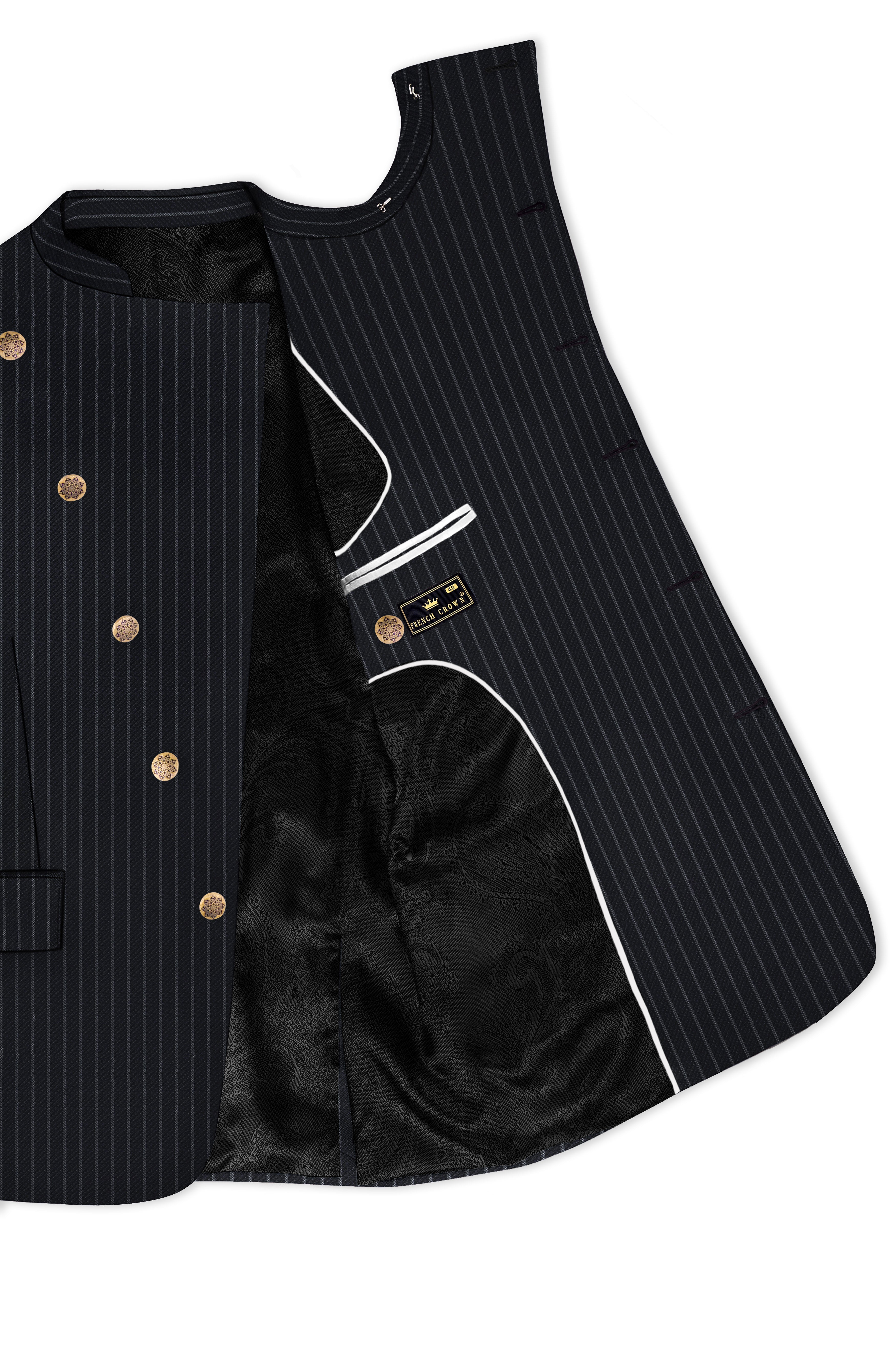 Piano Black Striped Cross Placket Woolrich Bandhgala Blazer