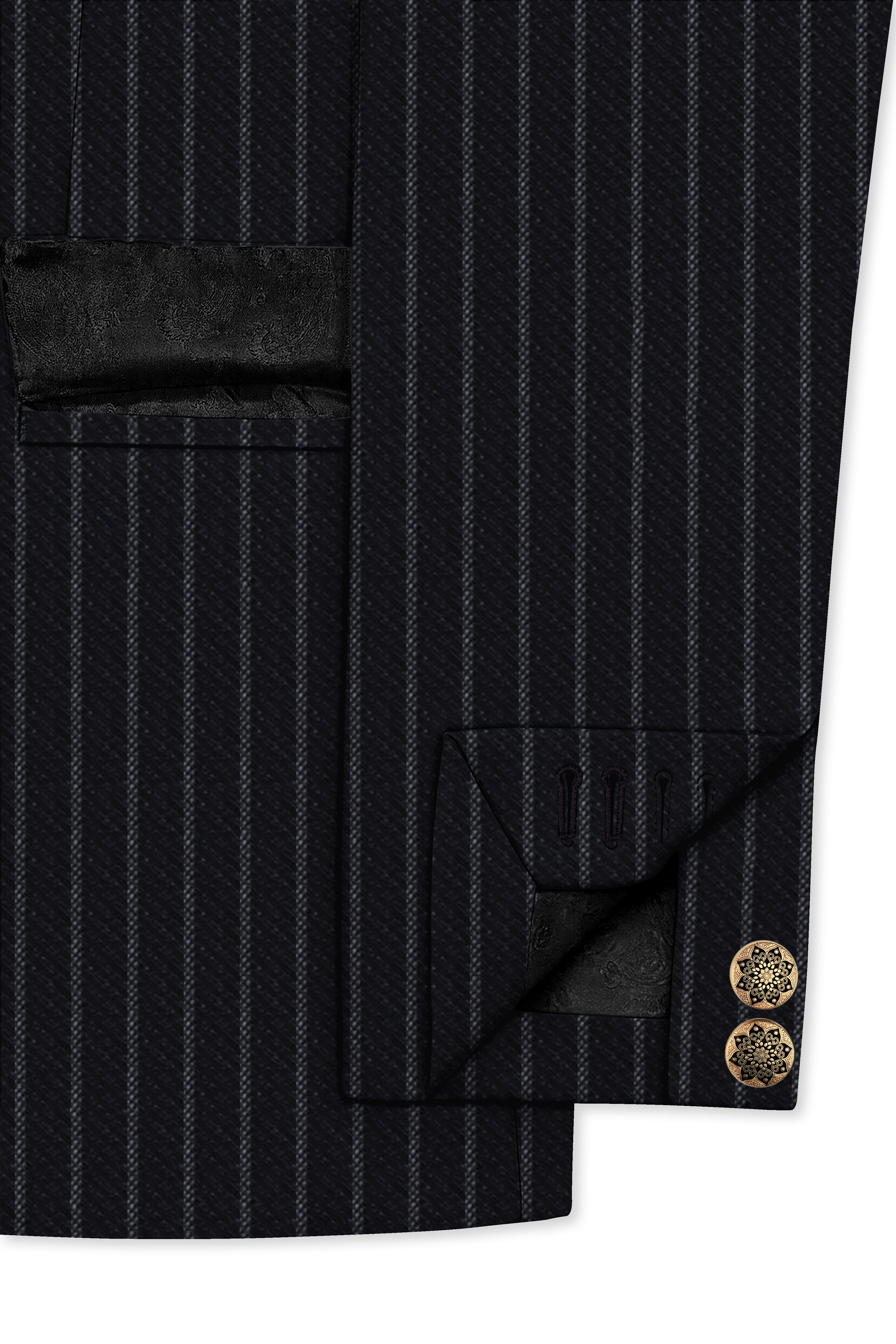 Piano Black Striped Cross Placket Woolrich Bandhgala Blazer