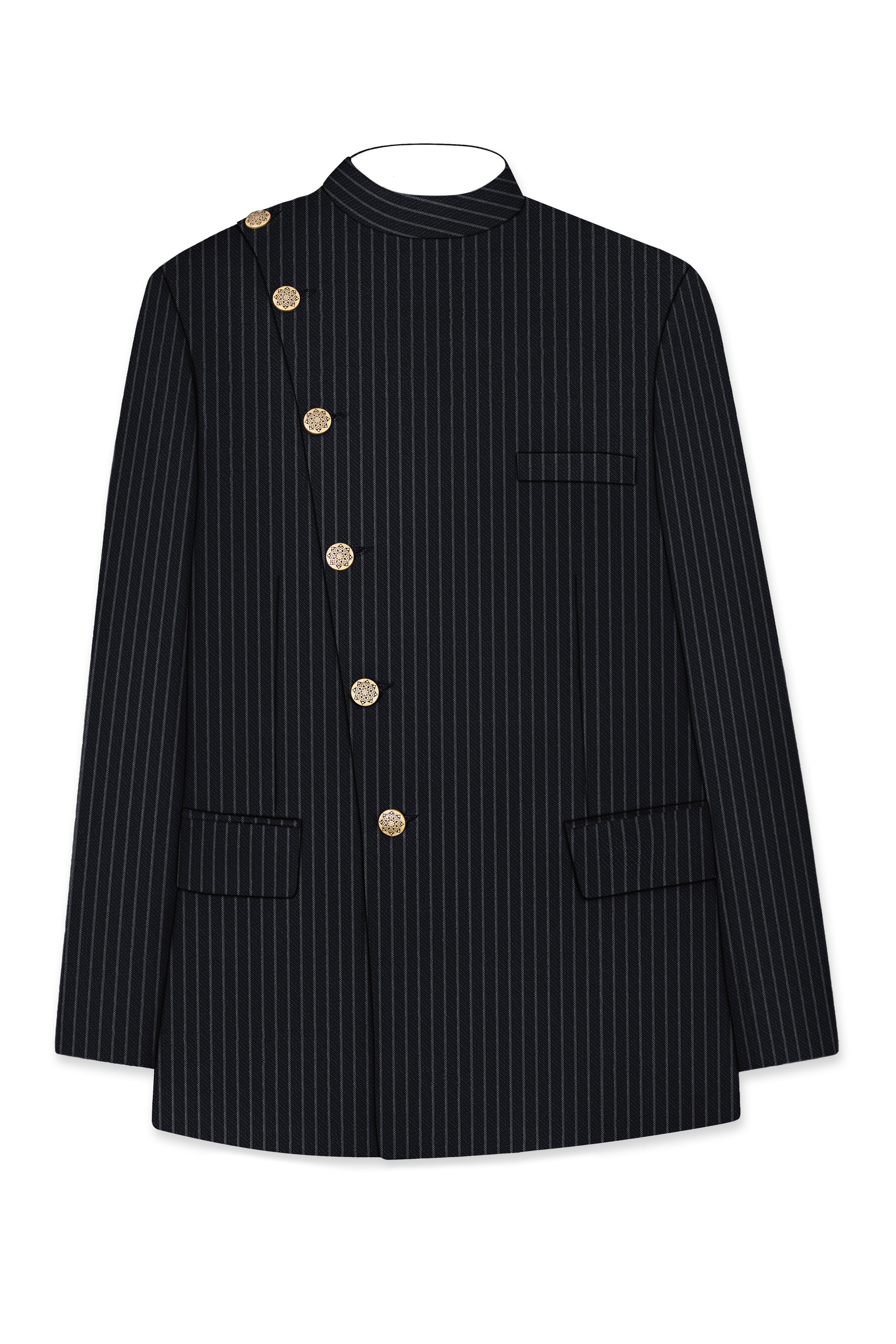 Piano Black Striped Cross Placket Woolrich Bandhgala Blazer