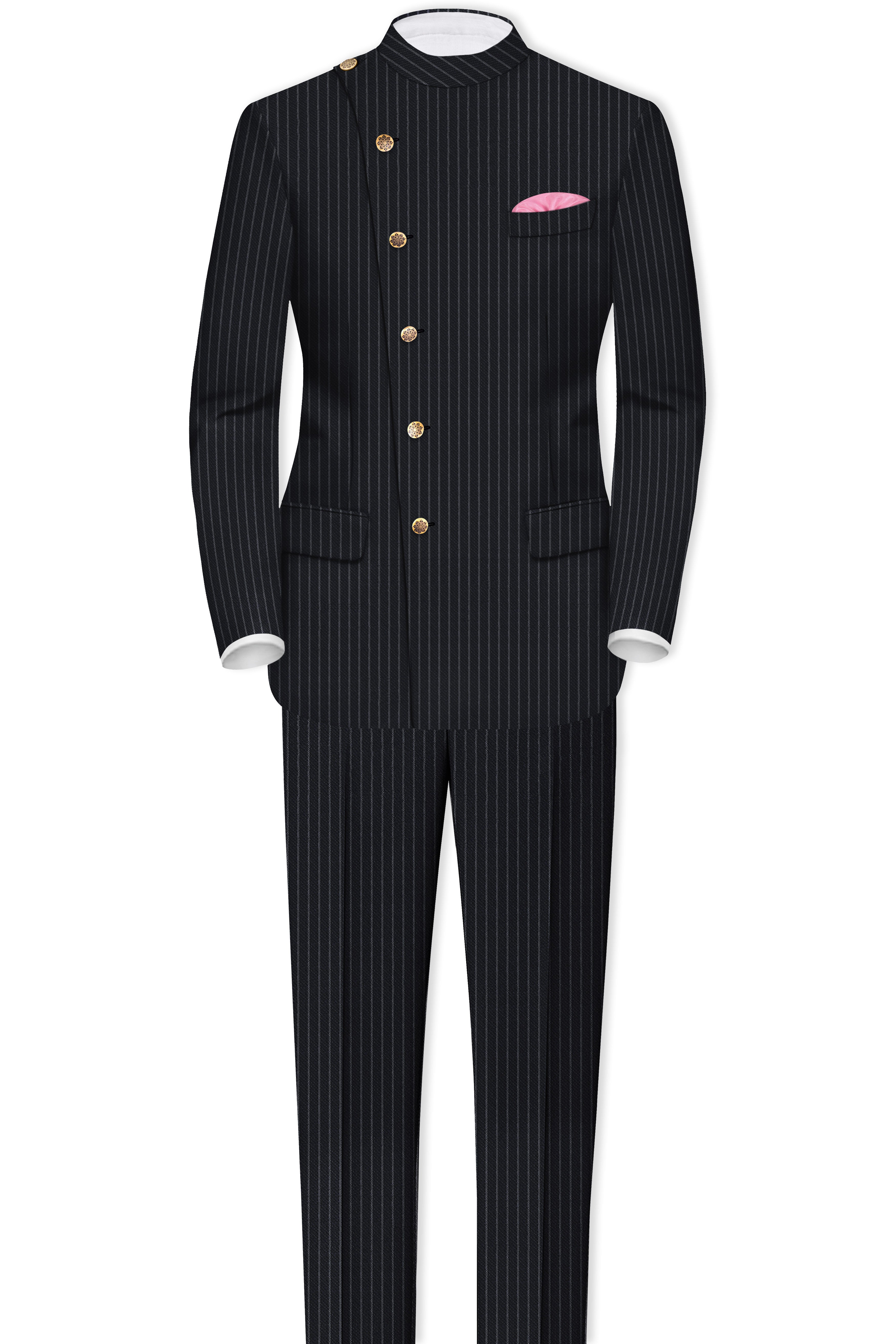Piano Black Striped Cross Placket Woolrich Bandhgala Blazer