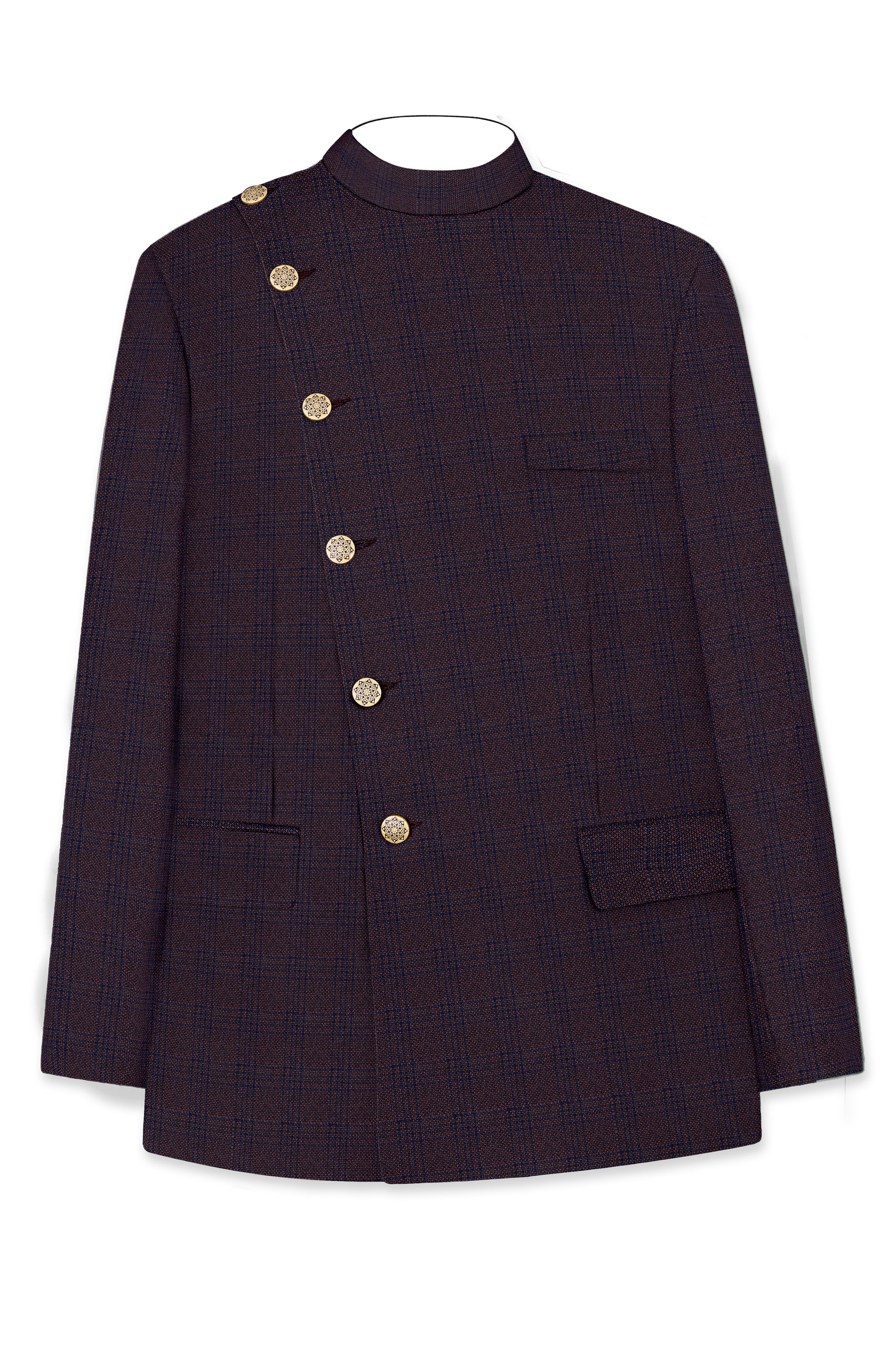 Thunder Brown Subtle Checkered Woolrich Cross Placket Bandhgala Blazer