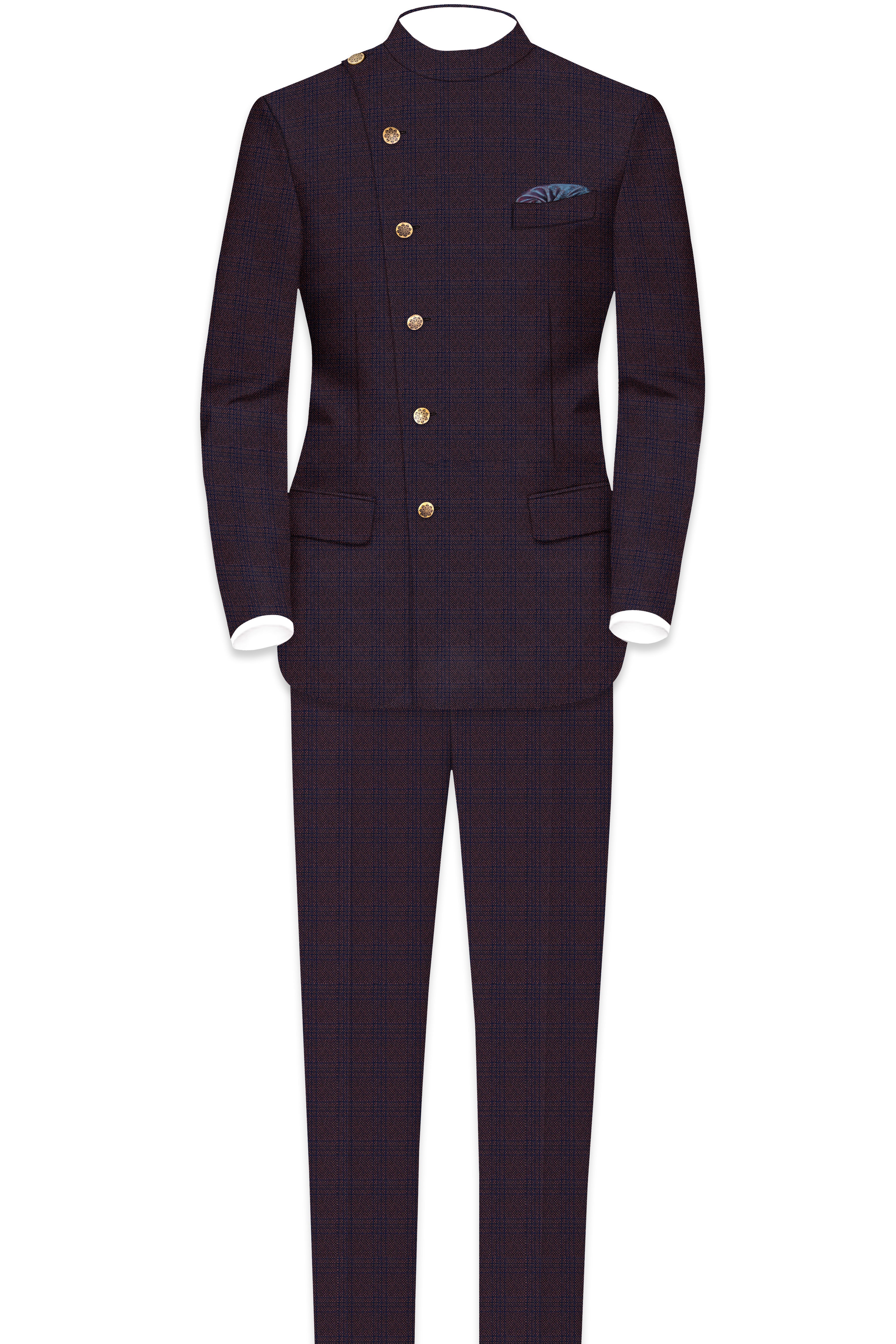 Thunder Brown Subtle Checkered Woolrich Cross Placket Bandhgala Blazer