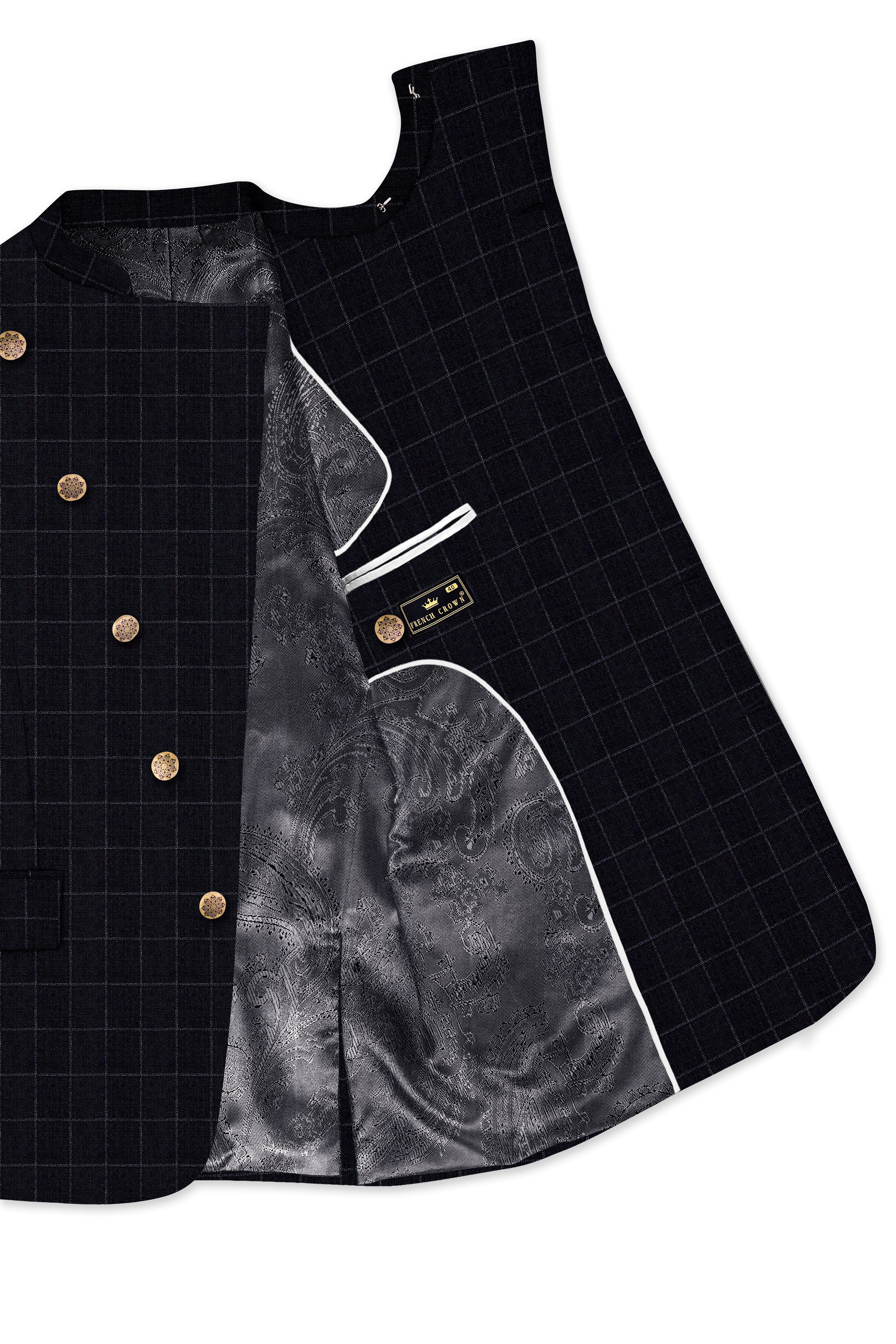 Log Cabin Black Super fine  Windowpane Cross Placket Wool Rich Bandhgala Blazer