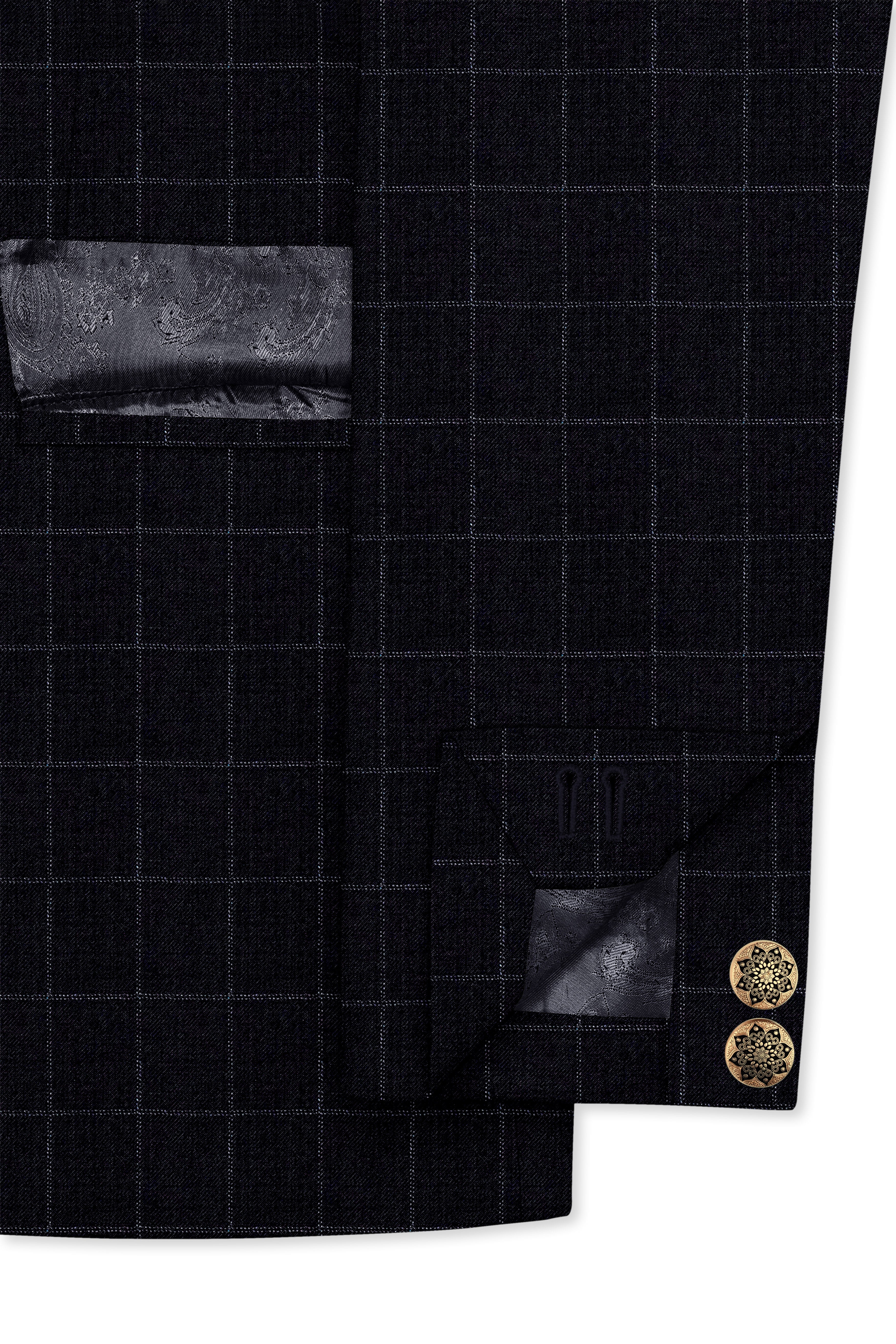 Log Cabin Black Super fine  Windowpane Cross Placket Wool Rich Bandhgala Blazer
