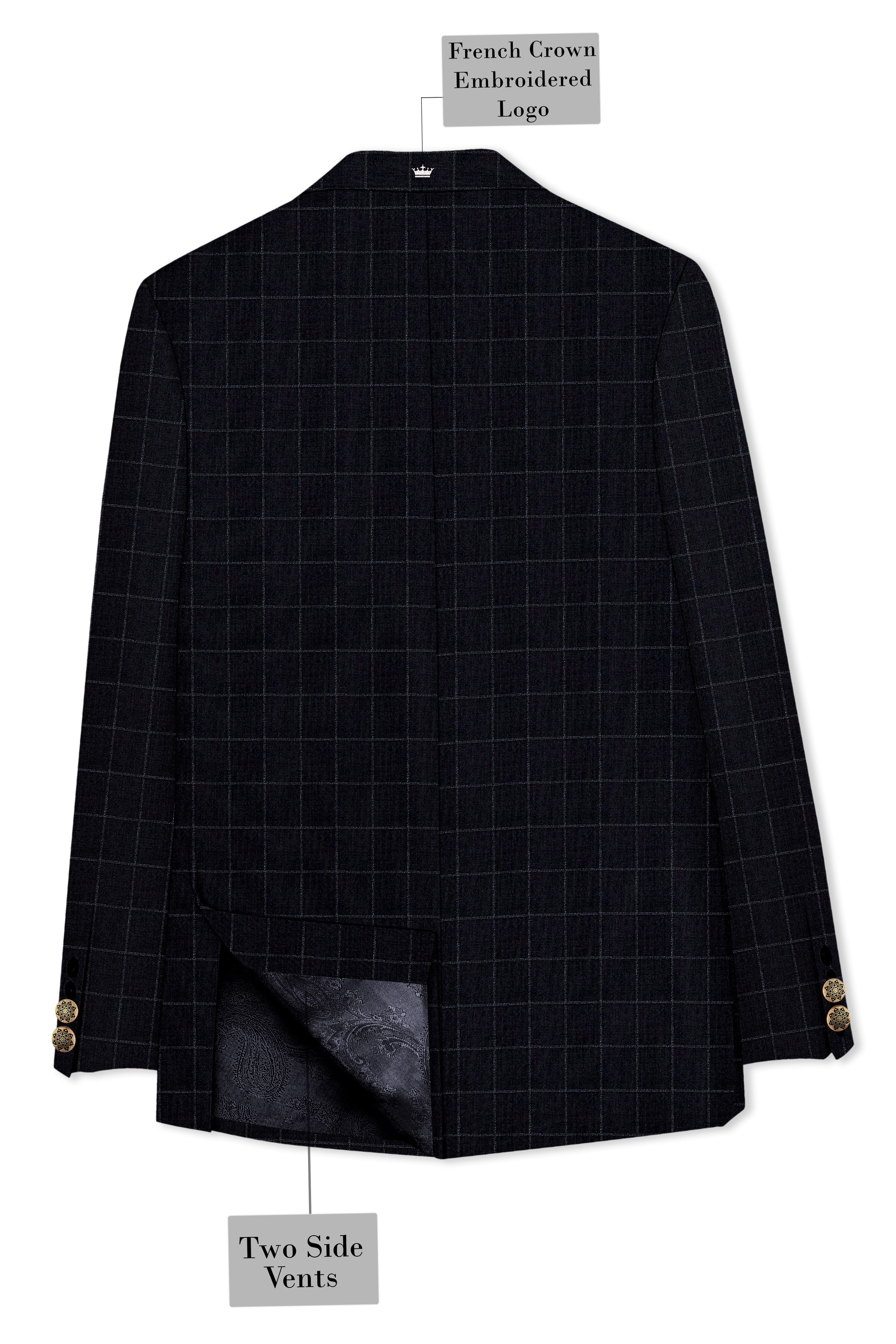 Log Cabin Black Super fine  Windowpane Cross Placket Wool Rich Bandhgala Blazer