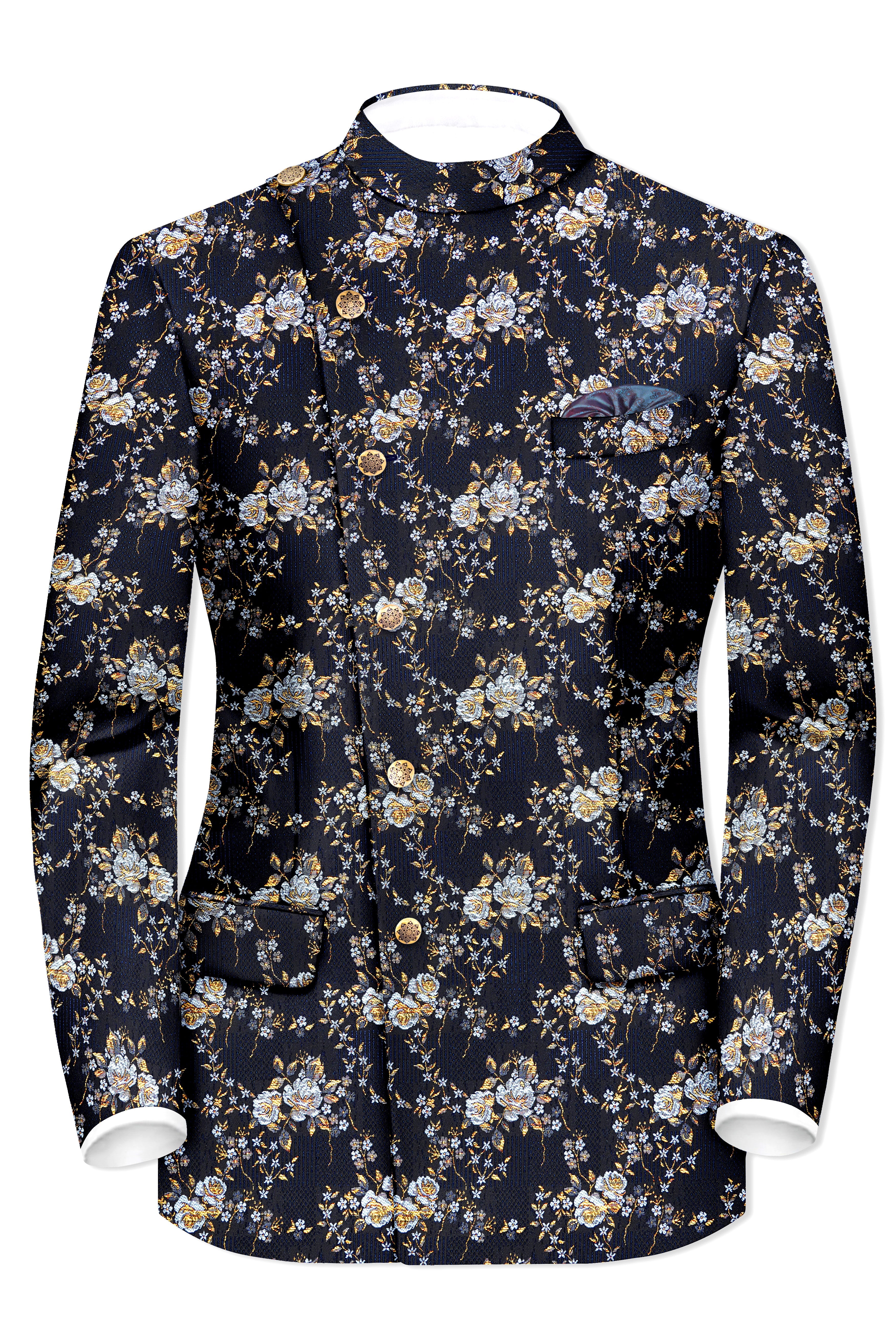 Chambray Blue with White Rose & Lily Textured Cross Placket Bandhgala Designer Blazer