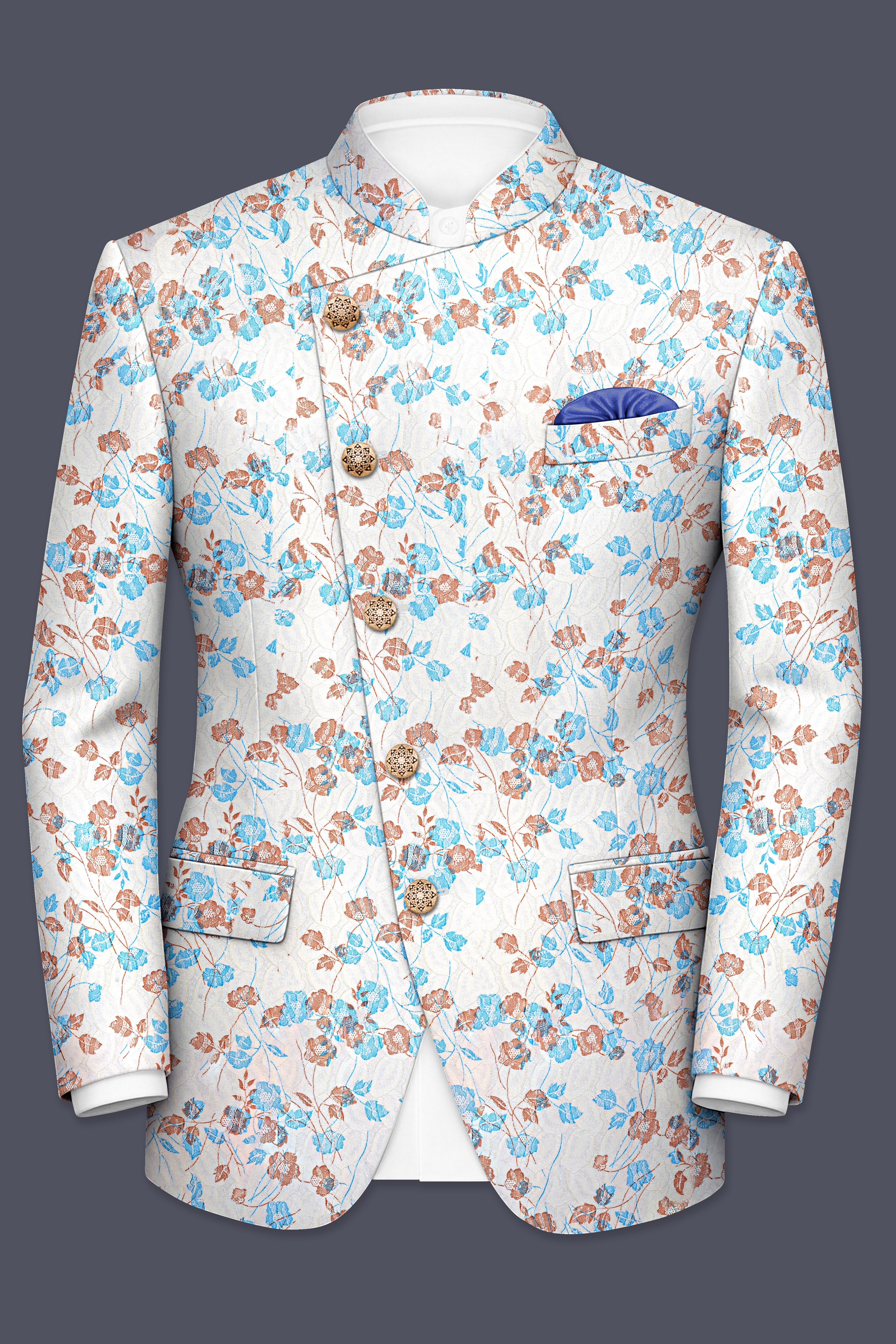 Bright White Floral and Leaves Textured Cross Placket Bandhgala Designer Blazer