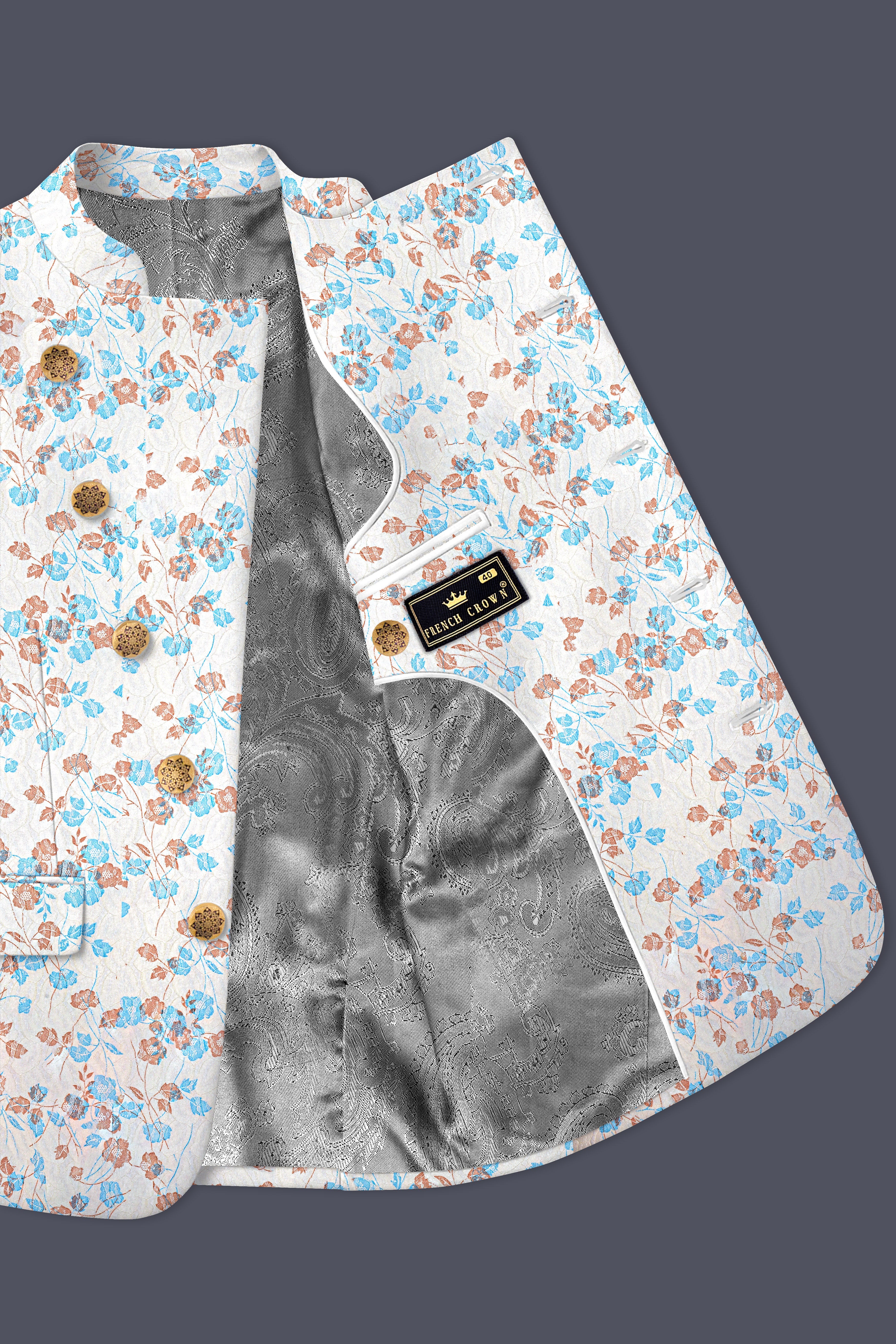 Bright White Floral and Leaves Textured Cross Placket Bandhgala Designer Blazer