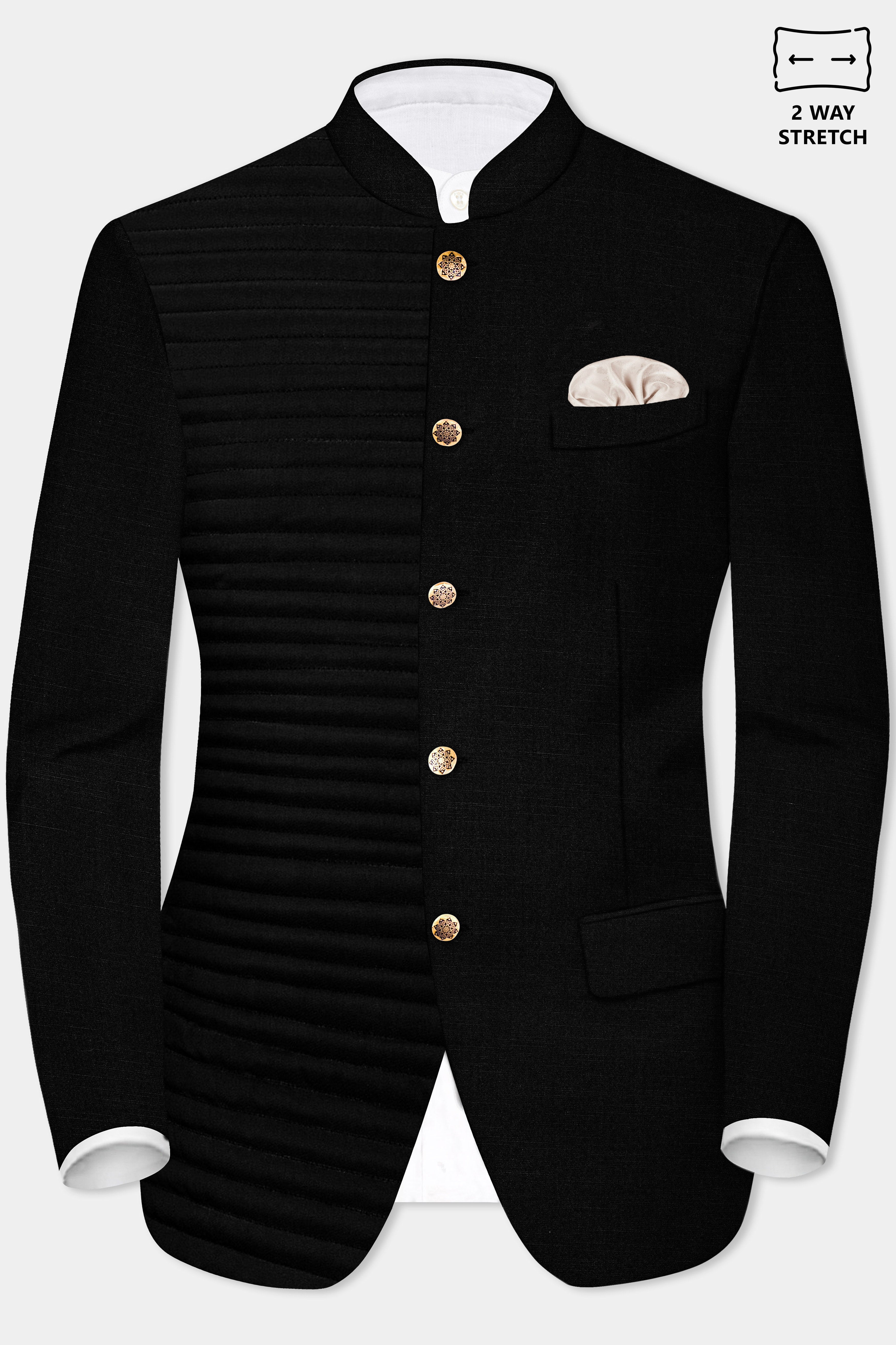 Jade Black Stretchable Subtle Sheen With horizontal stitches Bandhgala Designer Blazer