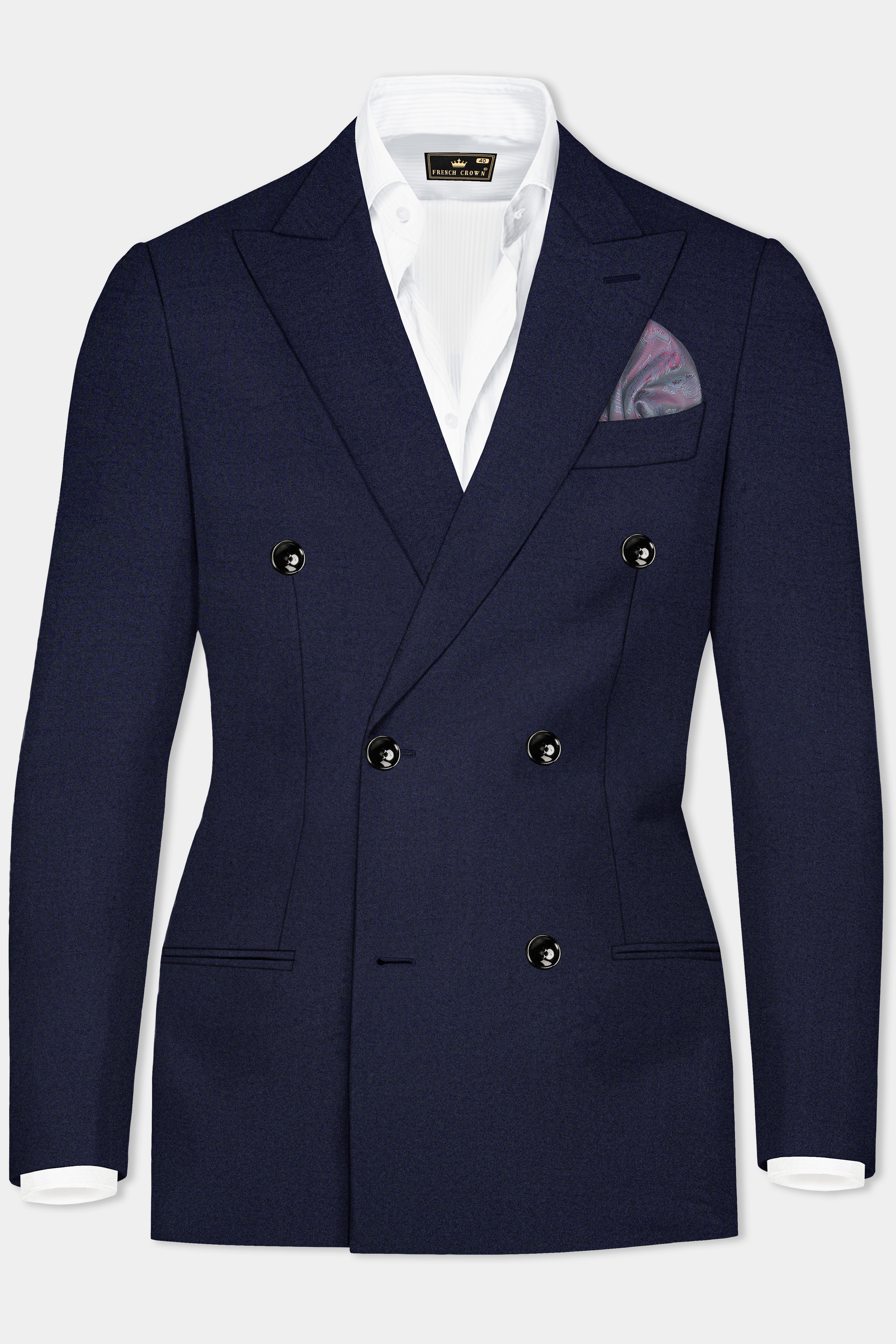 Vulcan Blue Solid Wool Blend Double Breasted Blazer