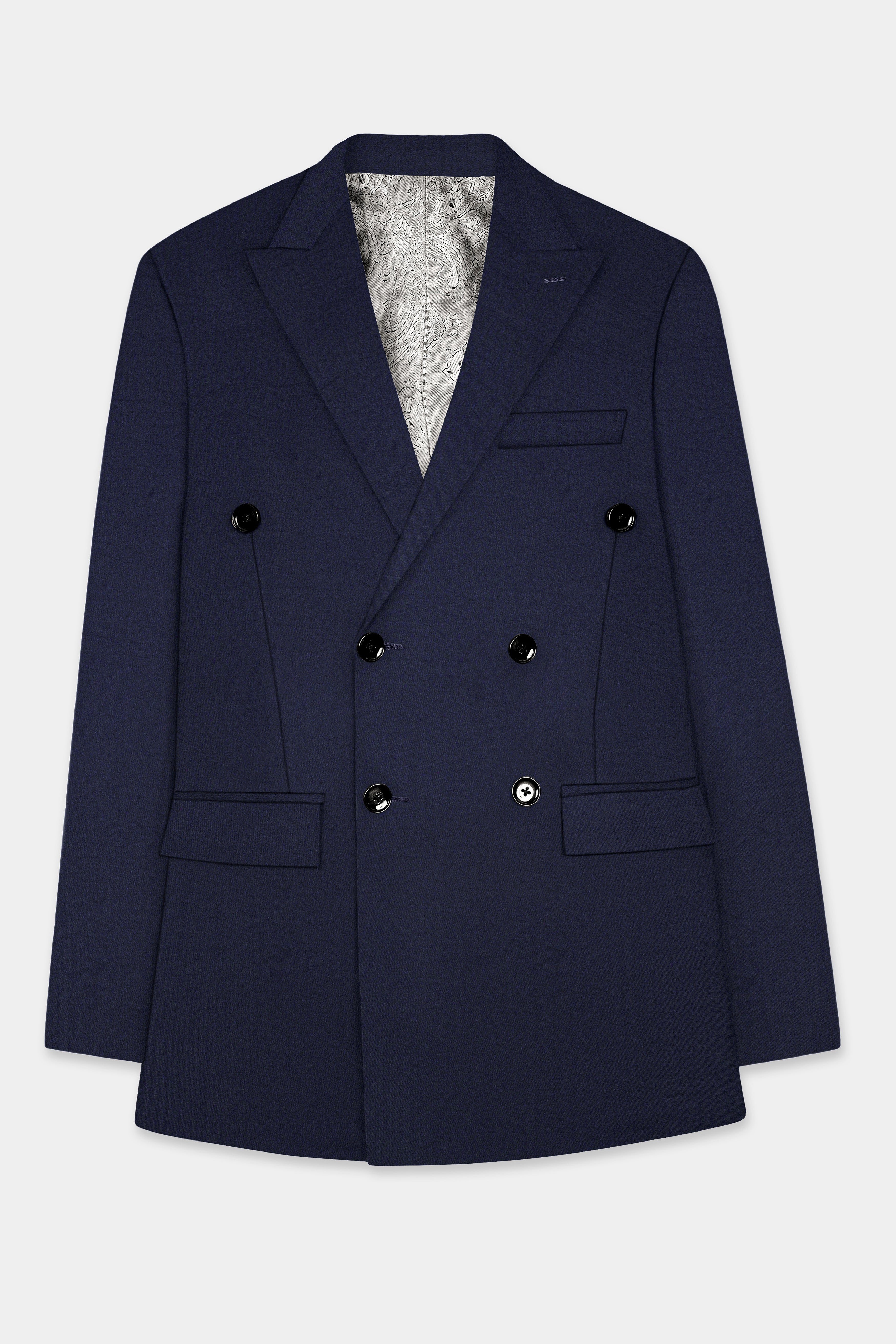 Vulcan Blue Solid Wool Blend Double Breasted Blazer