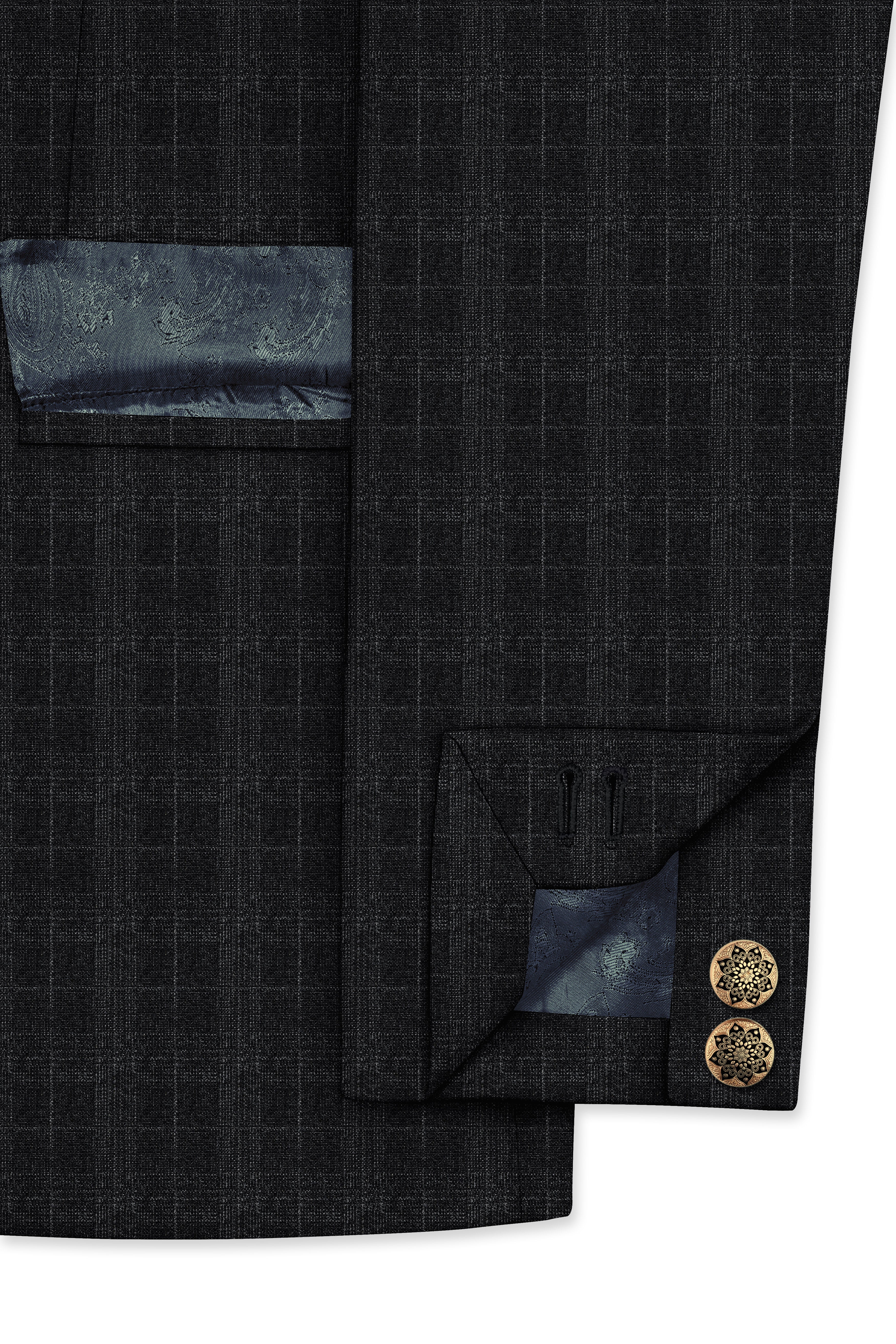 Charcoal Gray Plaid Cross Placket Bandhgala Blazer