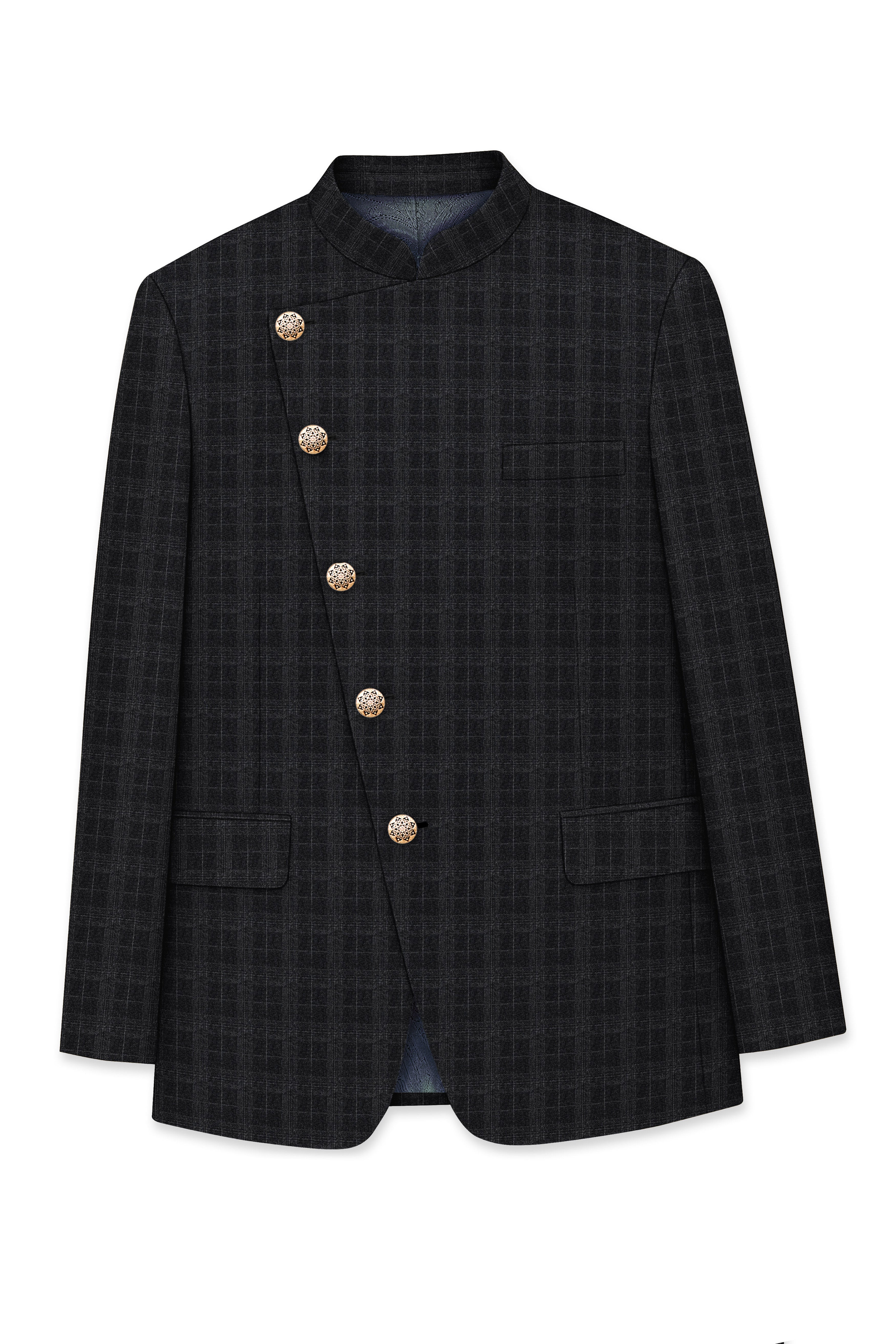 Charcoal Gray Plaid Cross Placket Bandhgala Blazer