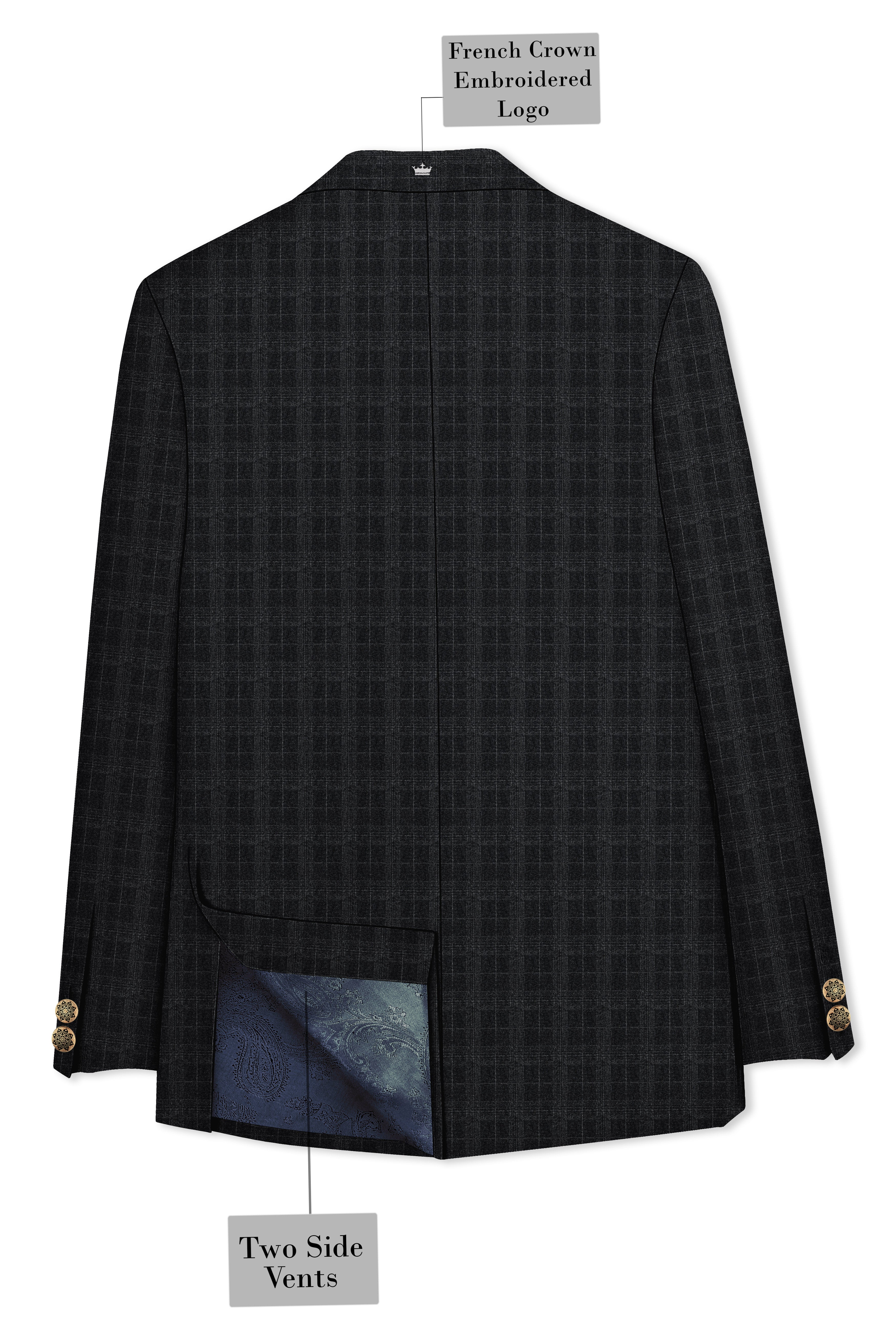 Charcoal Gray Plaid Cross Placket Bandhgala Blazer