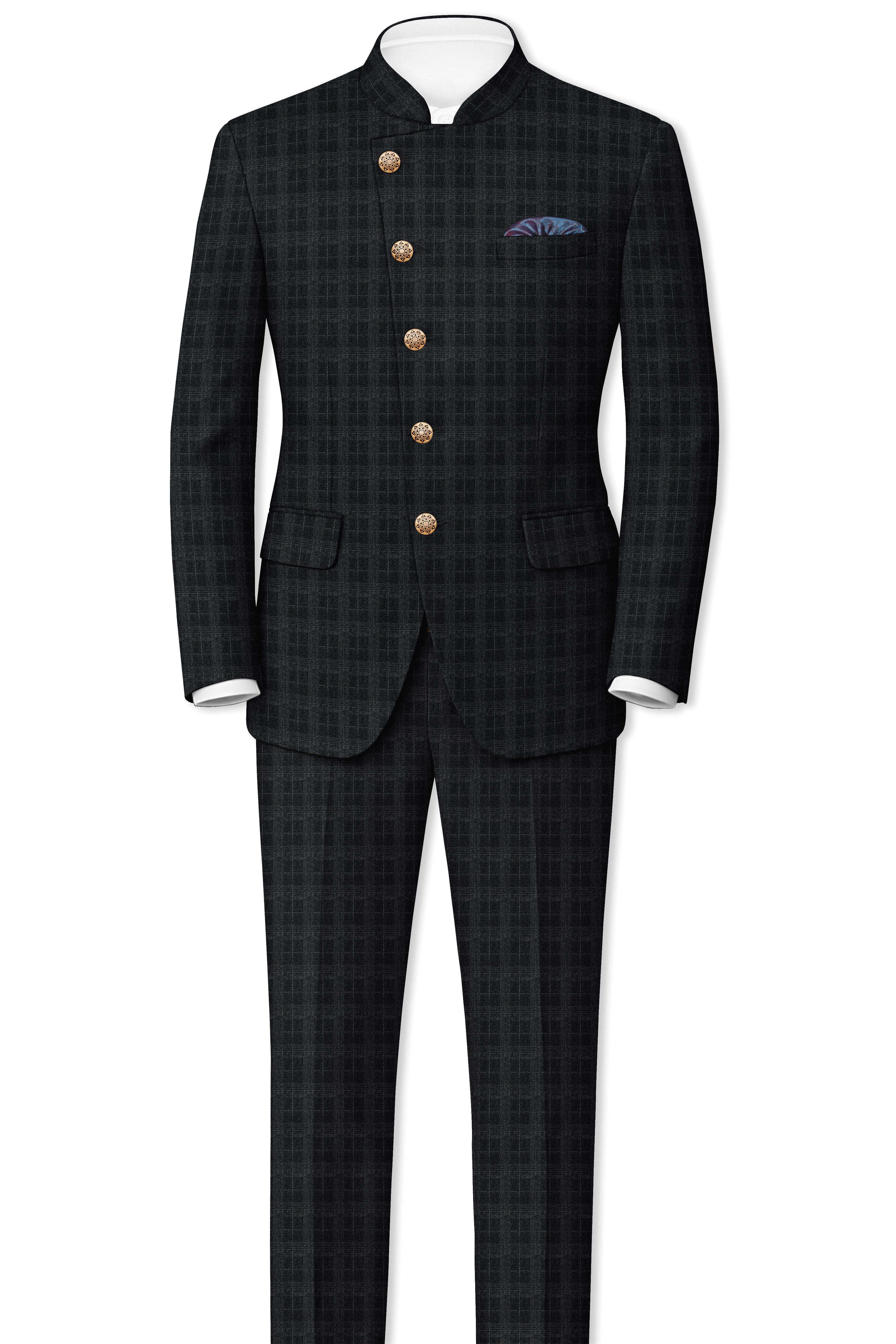 Charcoal Gray Plaid Cross Placket Bandhgala Blazer
