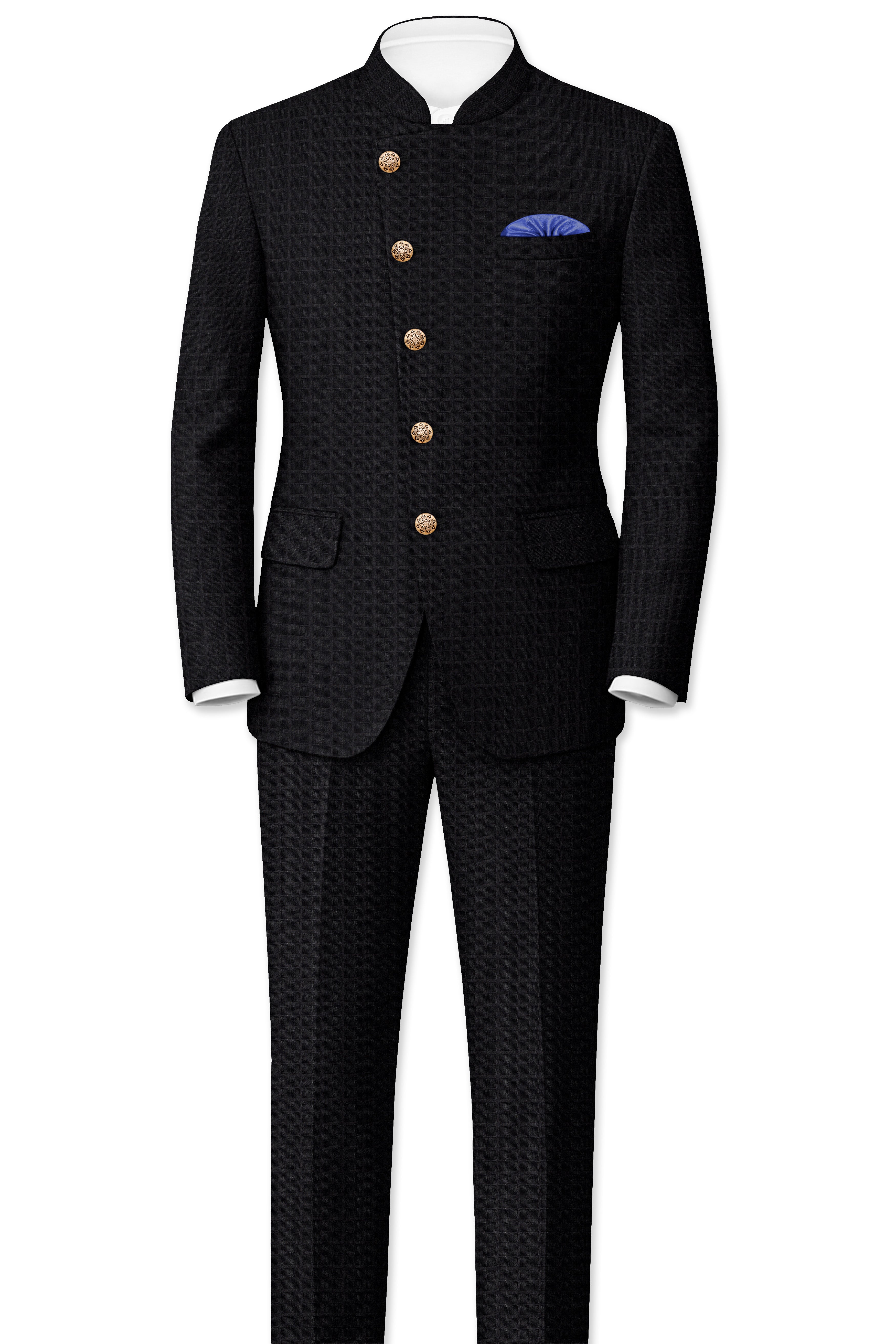 Baltic Sea Black Subtle Plaid Cross Placket Bandhgala Blazer