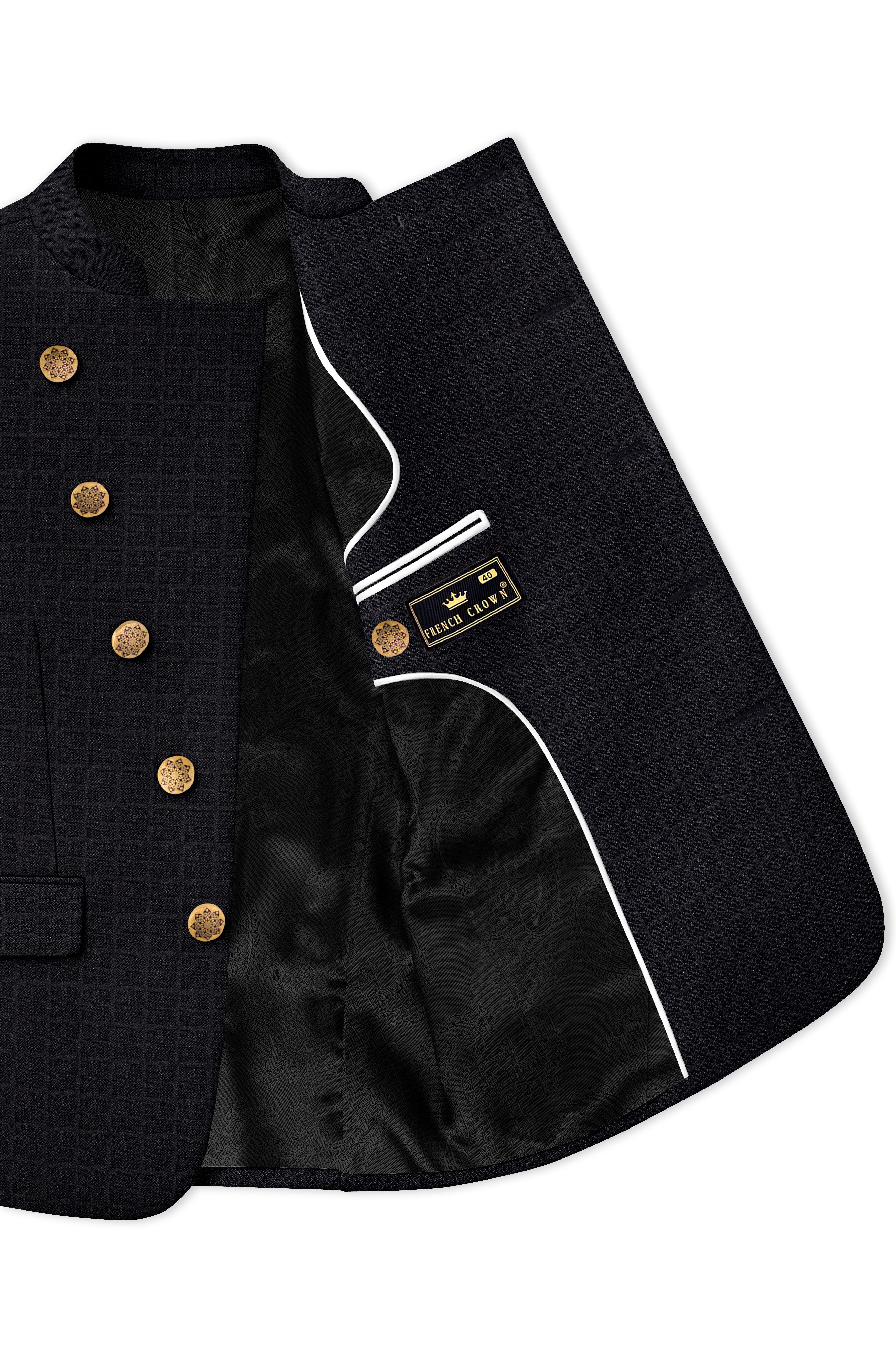 Baltic Sea Black Subtle Plaid Cross Placket Bandhgala Blazer