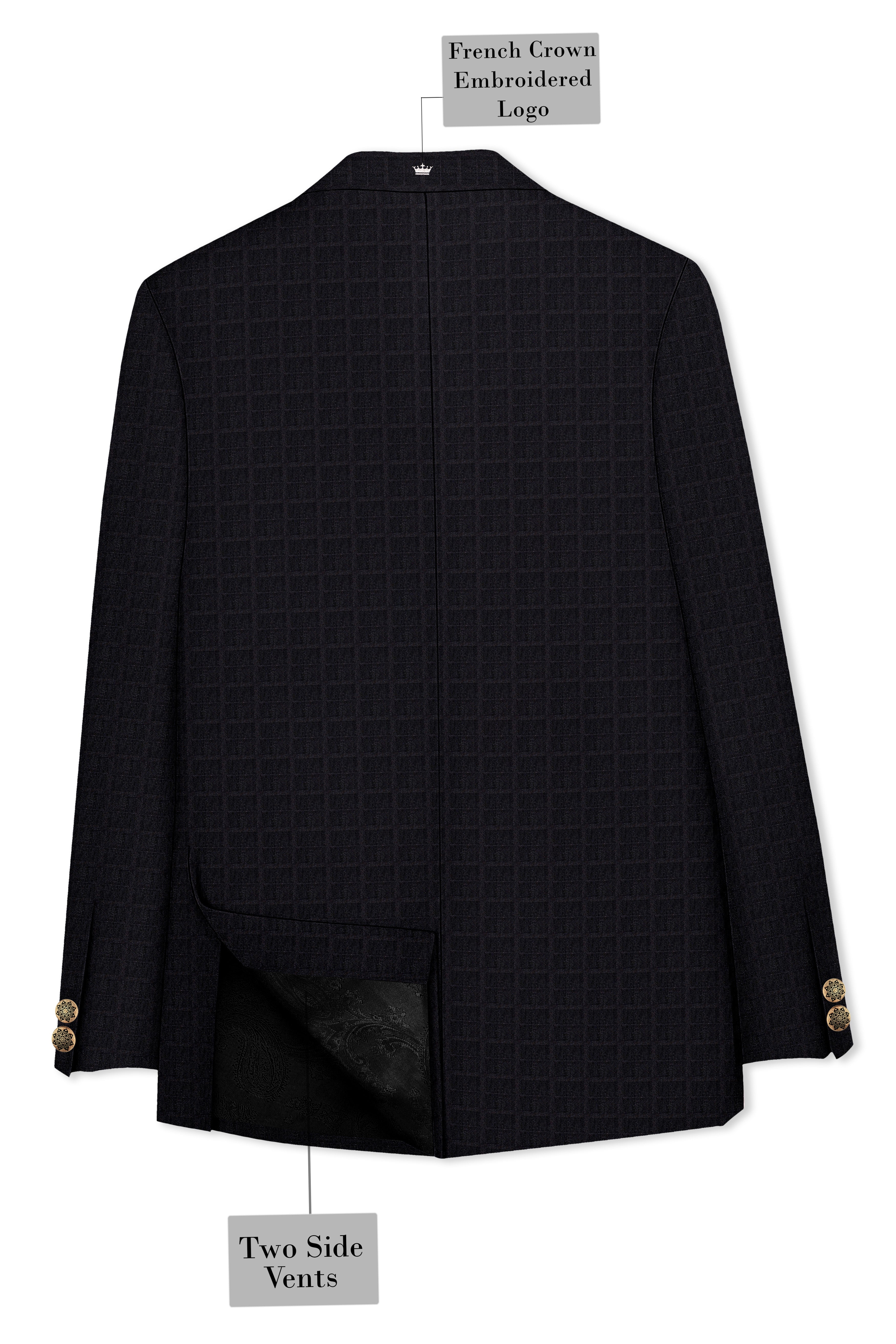 Baltic Sea Black Subtle Plaid Cross Placket Bandhgala Blazer