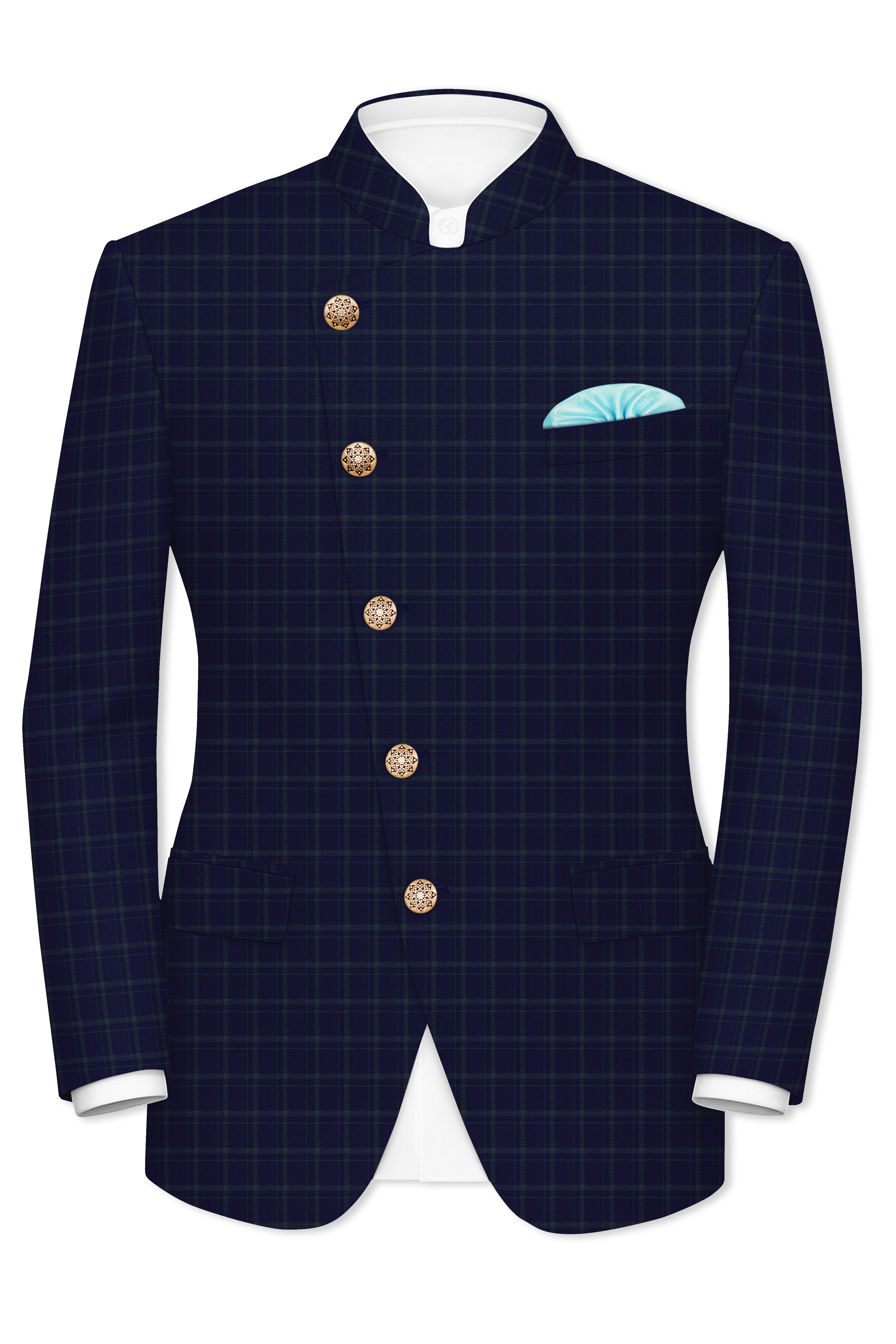 Mulled Wine Blue With Casper Gray Checkered Cross Placket Bandhgala Blazer