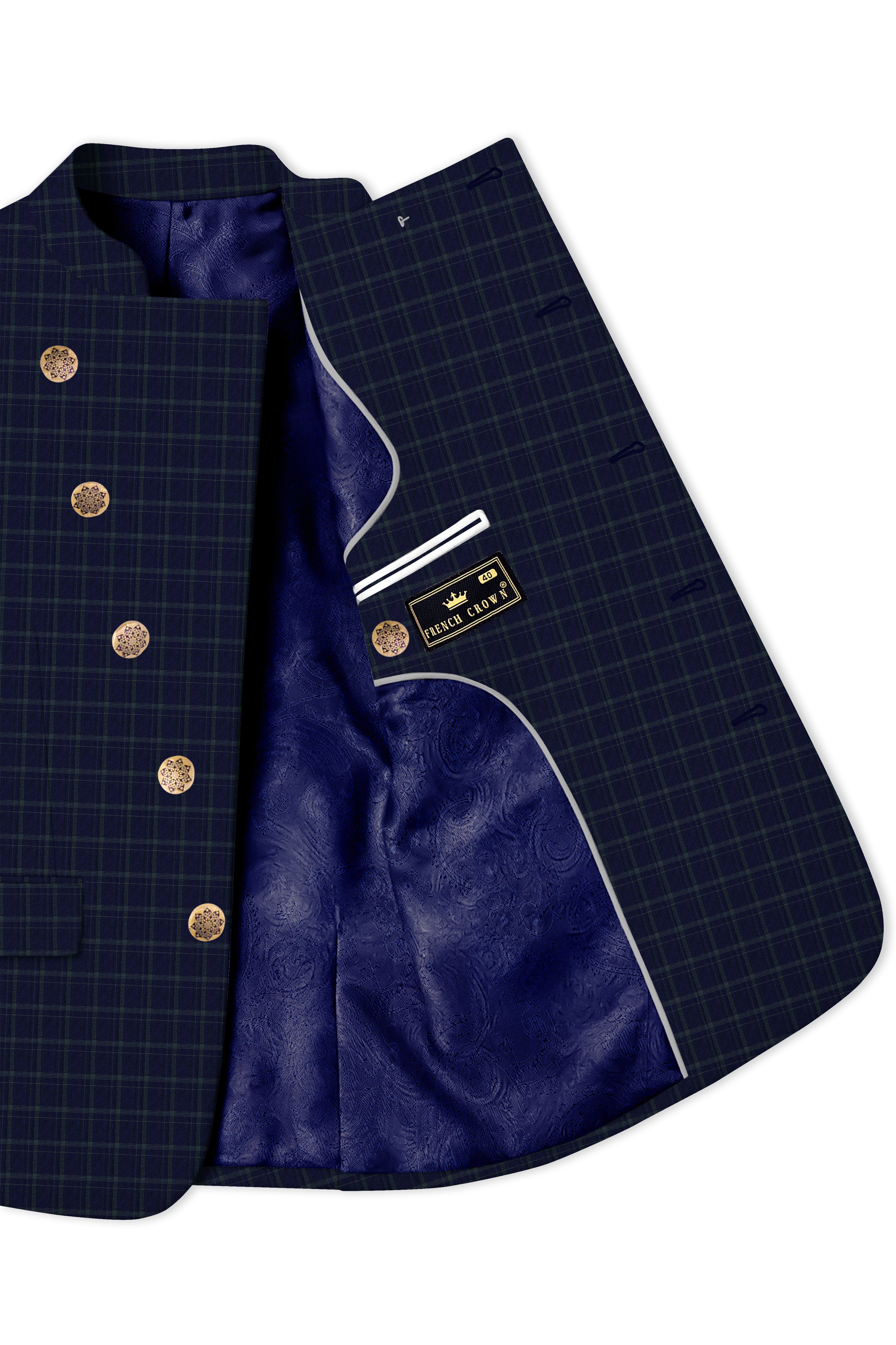 Mulled Wine Blue With Casper Gray Checkered Cross Placket Bandhgala Blazer