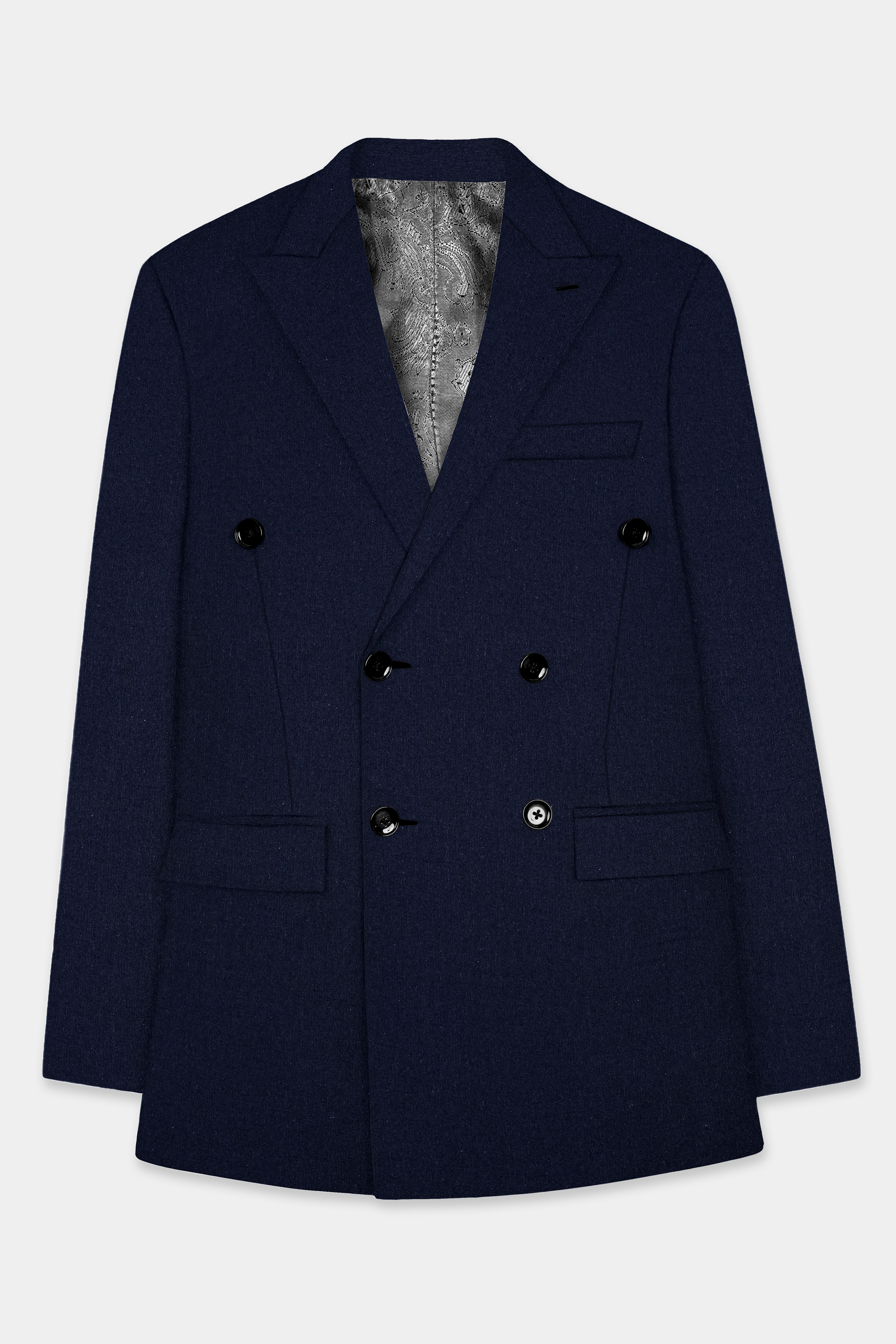 Tuna Navy Blue Textured Premium Terry Rayon Double-Breasted-Blazer