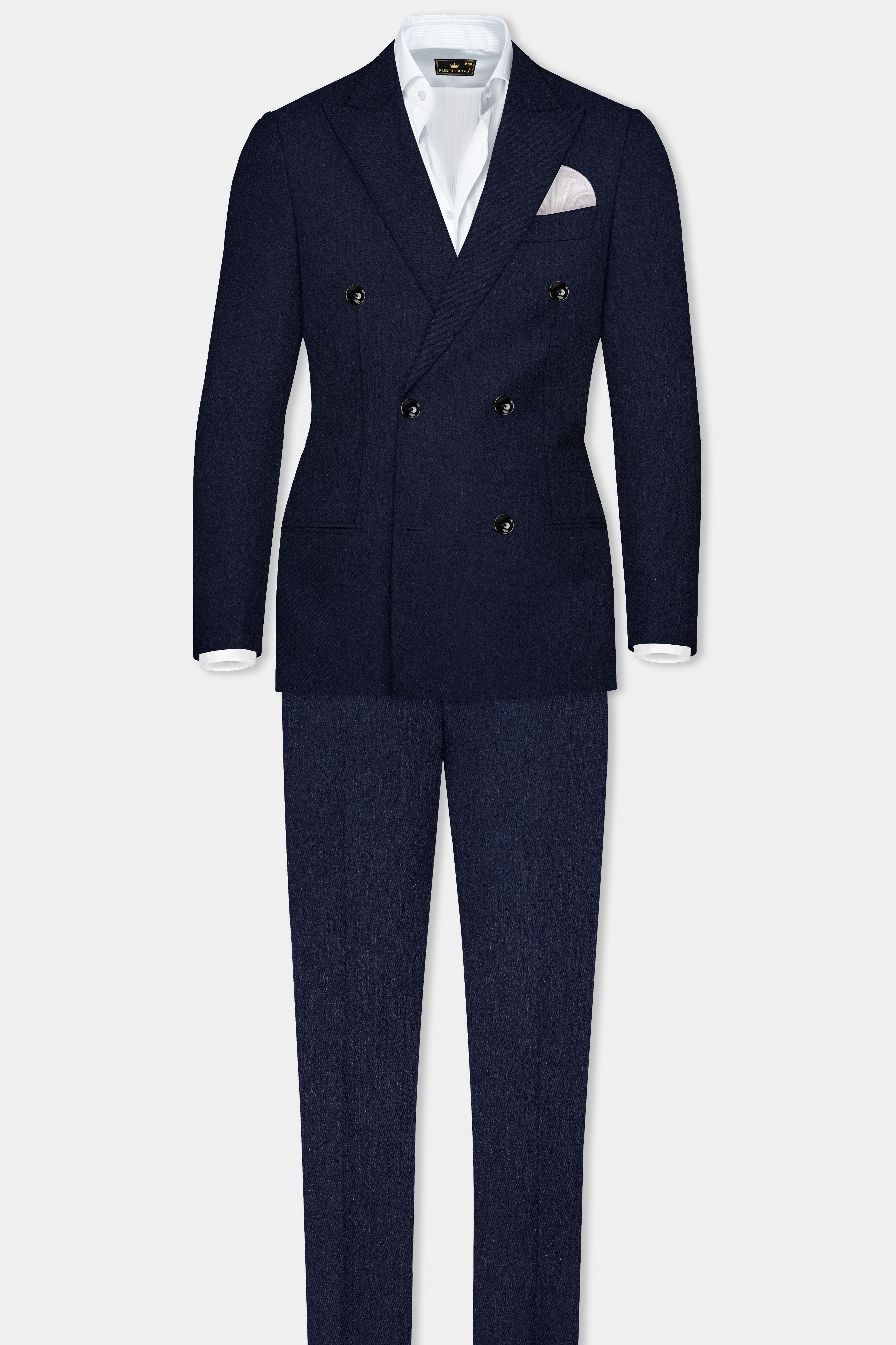 Tuna Navy Blue Textured Premium Terry Rayon Double-Breasted-Blazer