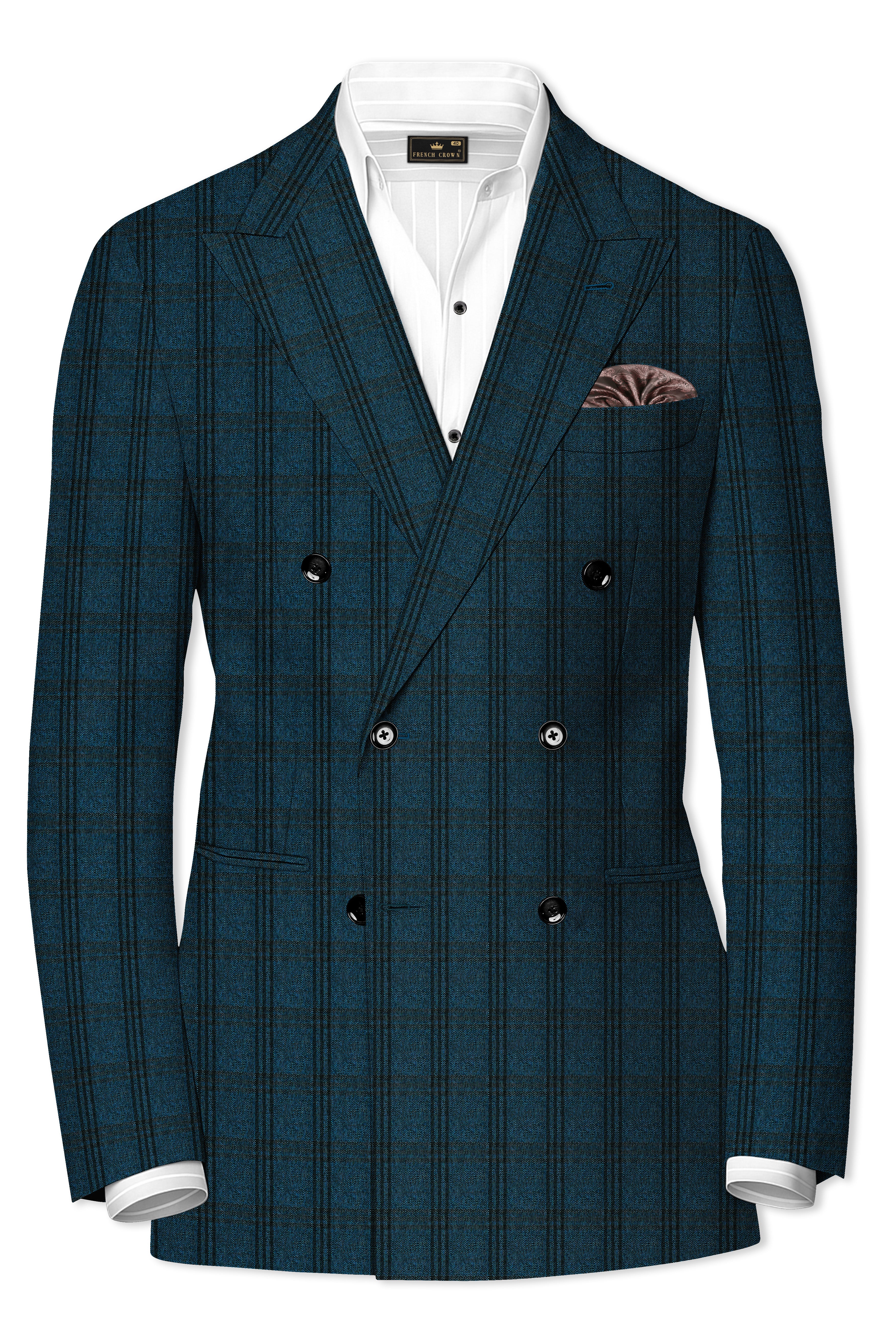 Sapphire Blue With Black Plaid Double Breasted Blazer