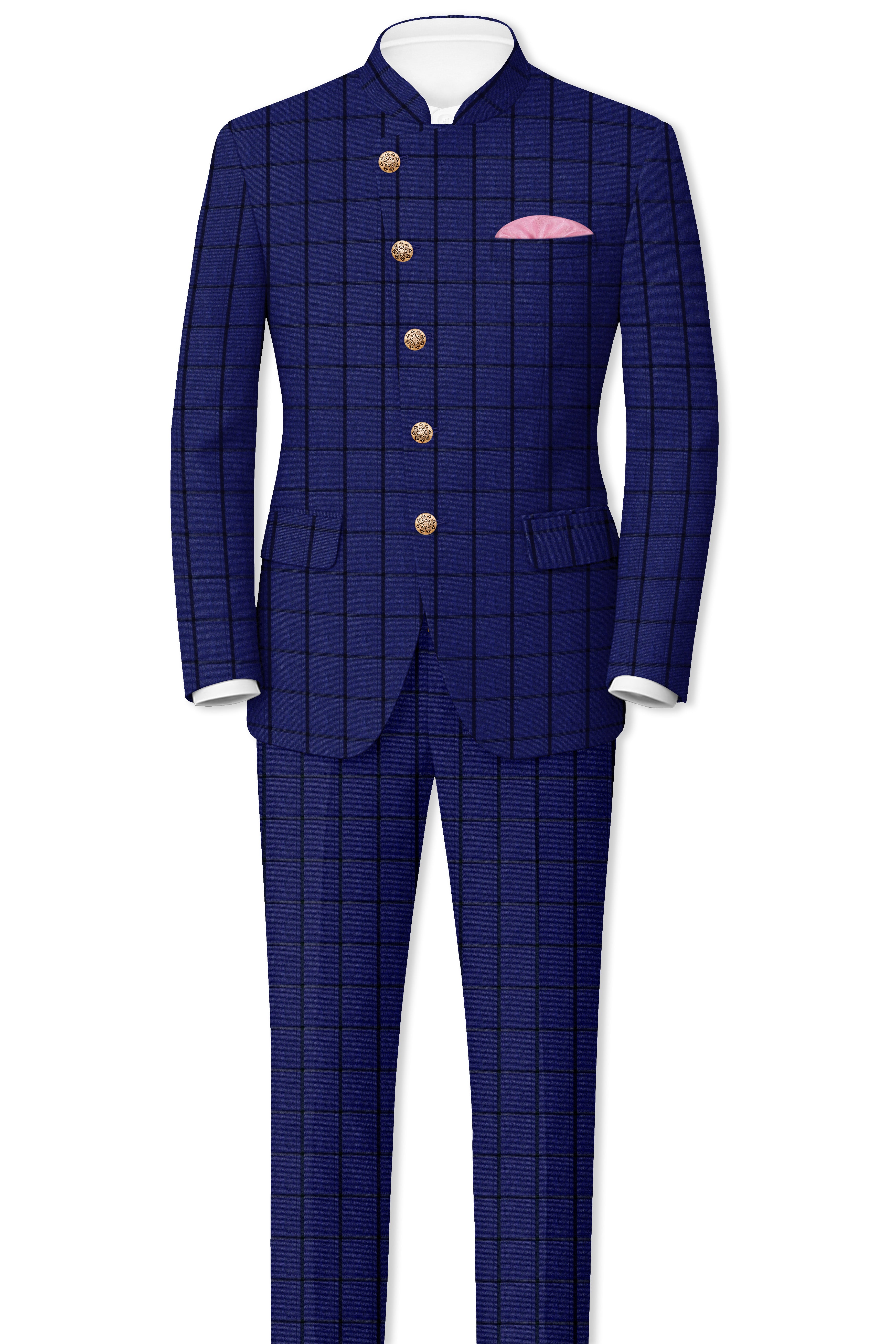 Dark Blue Windowpane Cross Placket Bandhgala Blazer