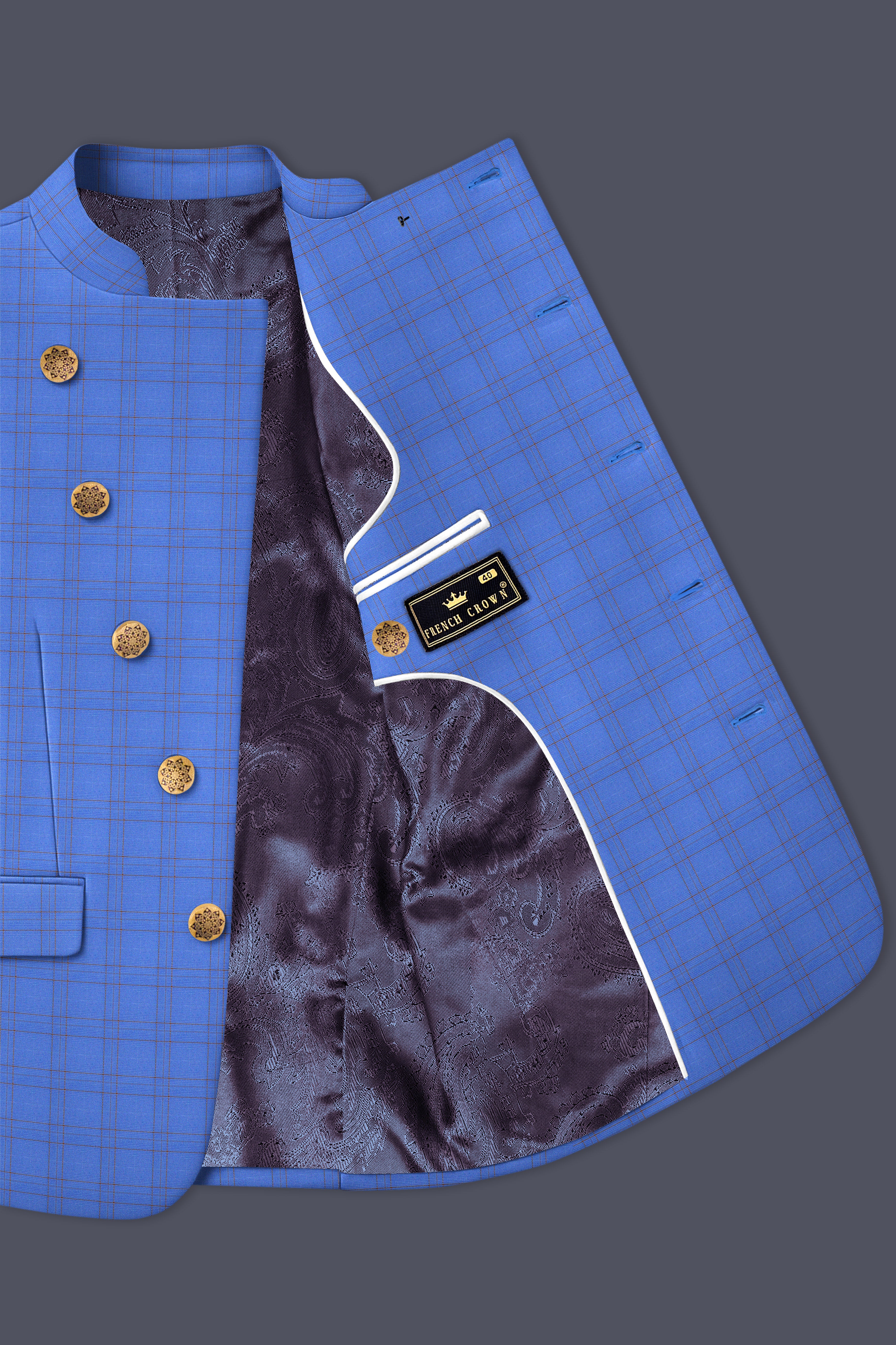 Scampi Blue With Pickled Brown Plaid Cross Placket Bandhgala Blazer
