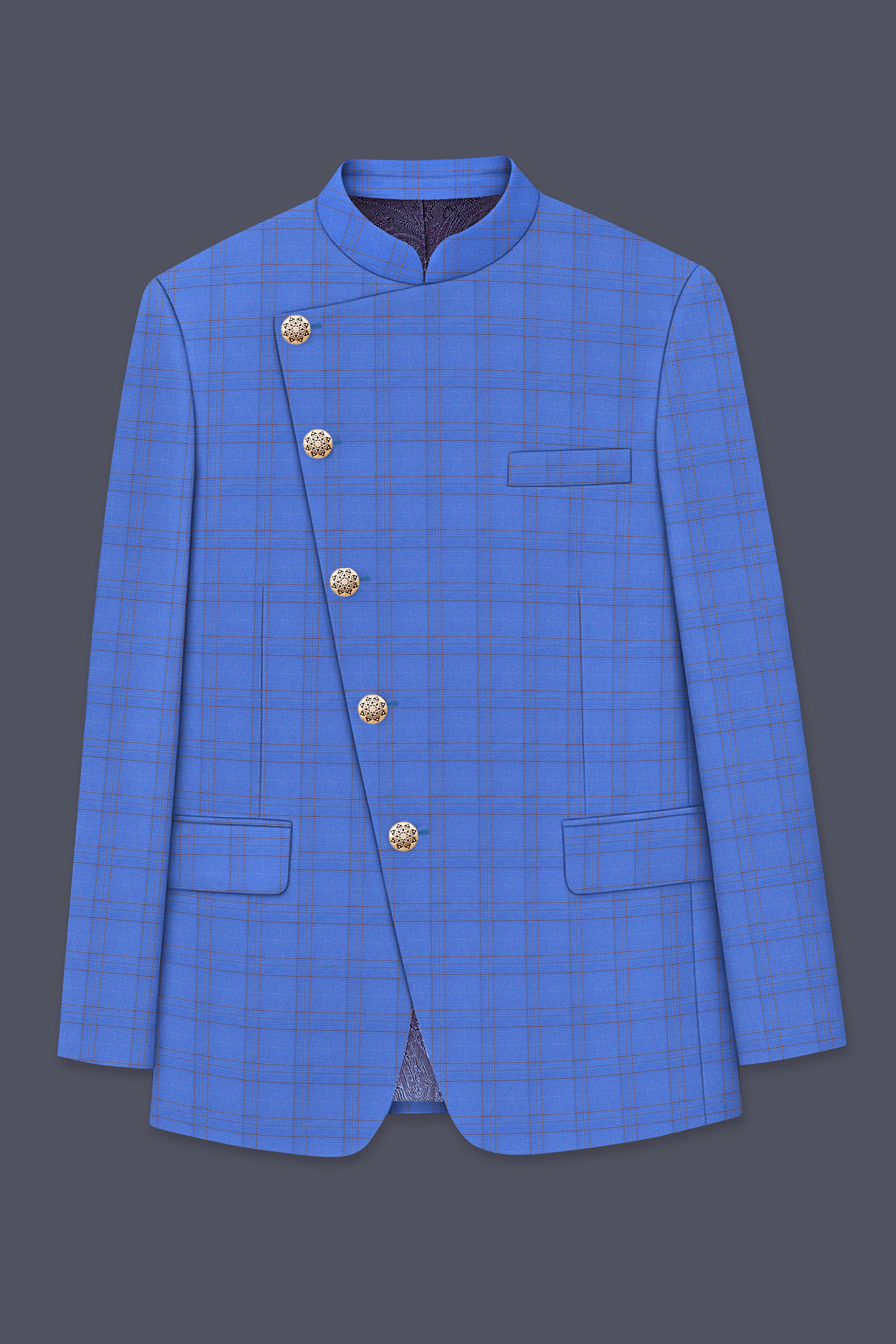 Scampi Blue With Pickled Brown Plaid Cross Placket Bandhgala Blazer