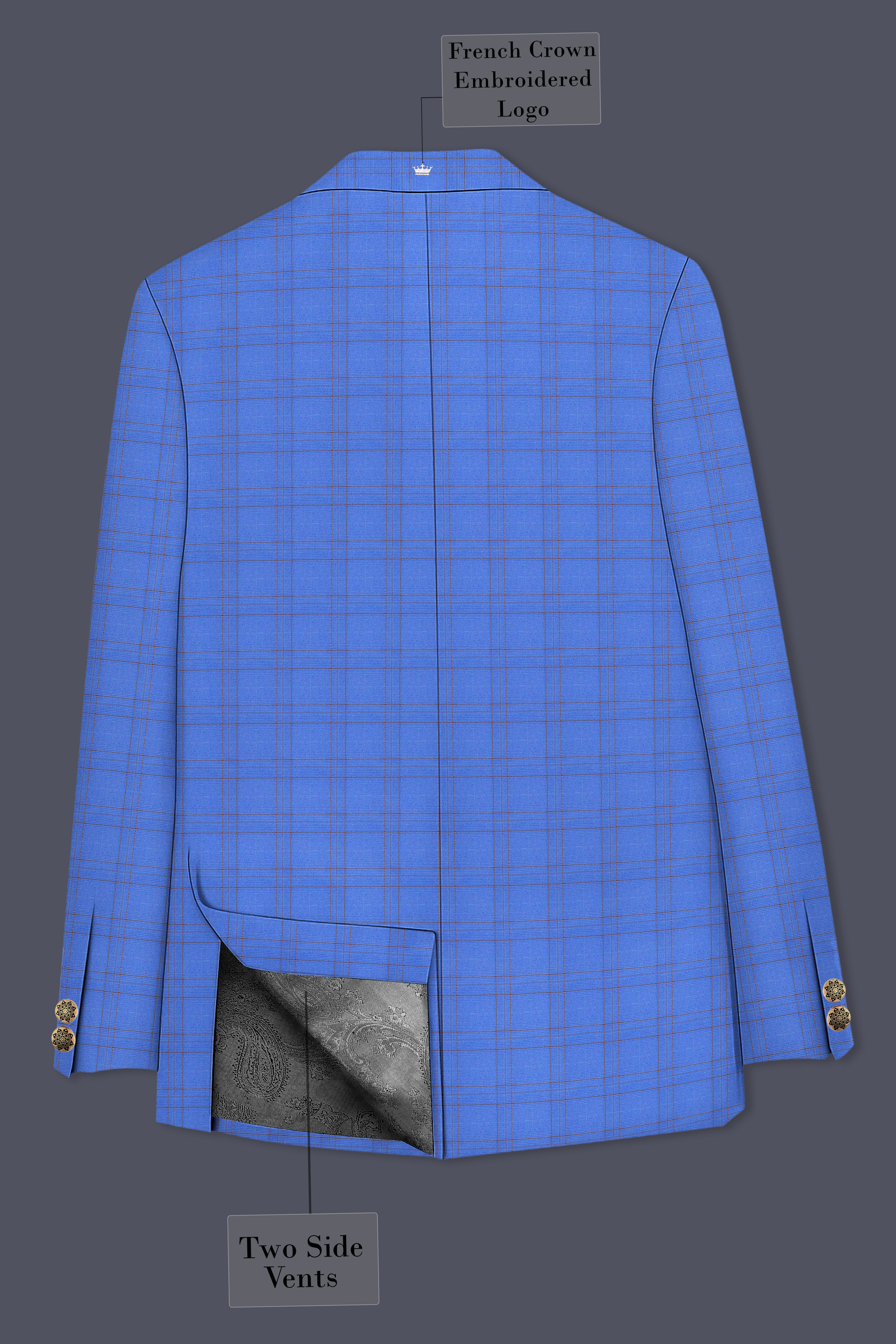 Scampi Blue With Pickled Brown Plaid Cross Placket Bandhgala Blazer