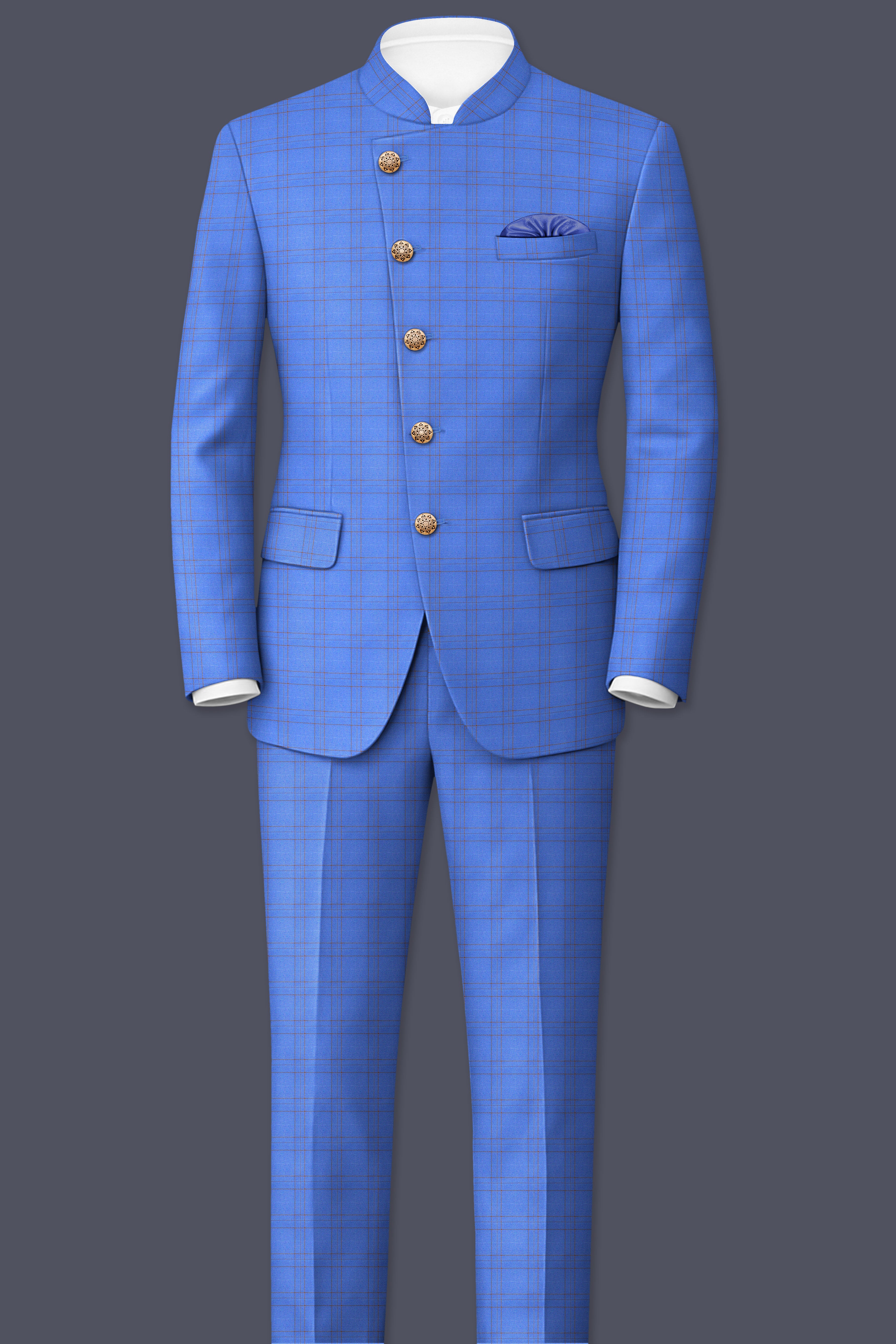 Scampi Blue With Pickled Brown Plaid Cross Placket Bandhgala Blazer