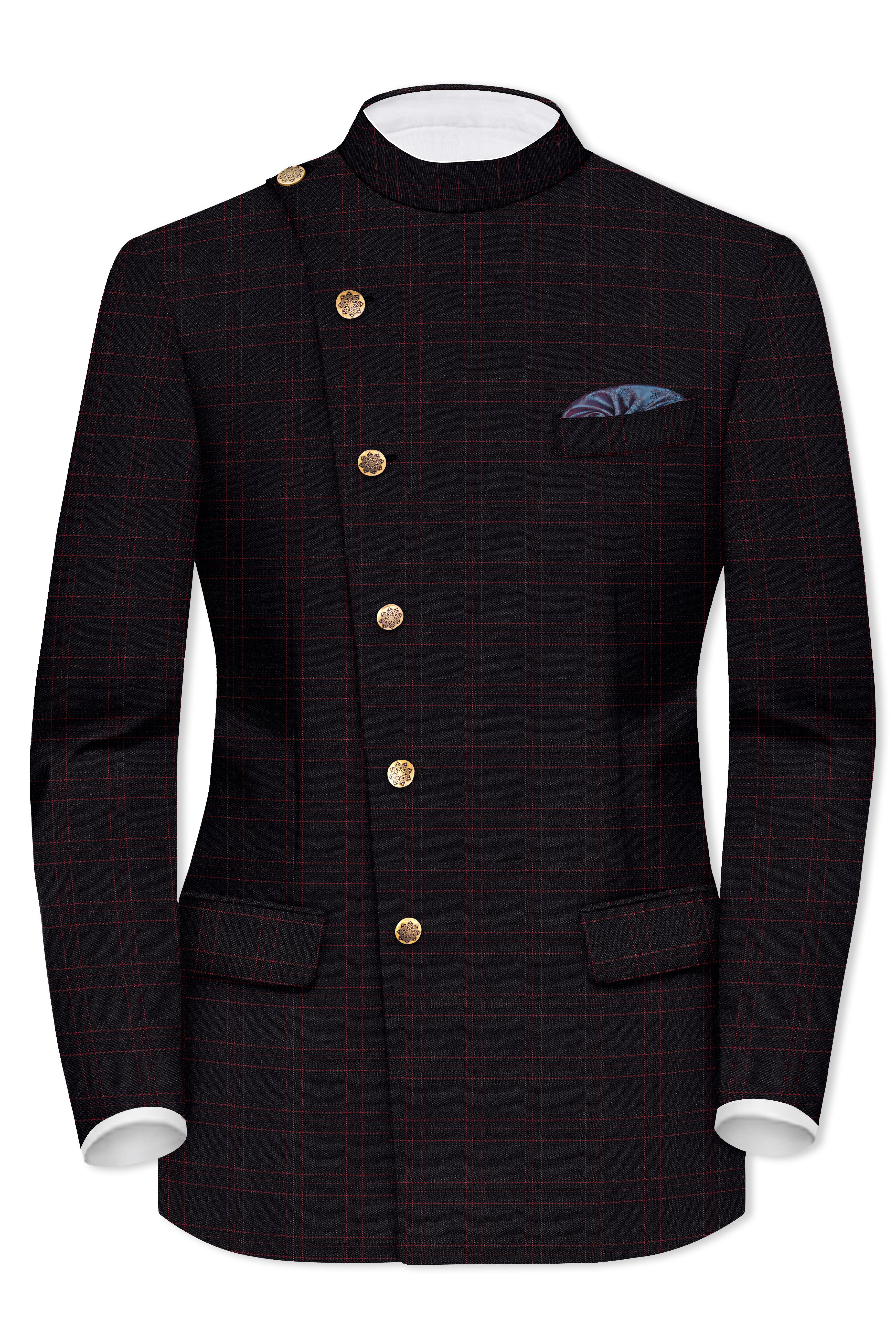 Onyx Black windowpane Cross Placket Bandhgala Blazer